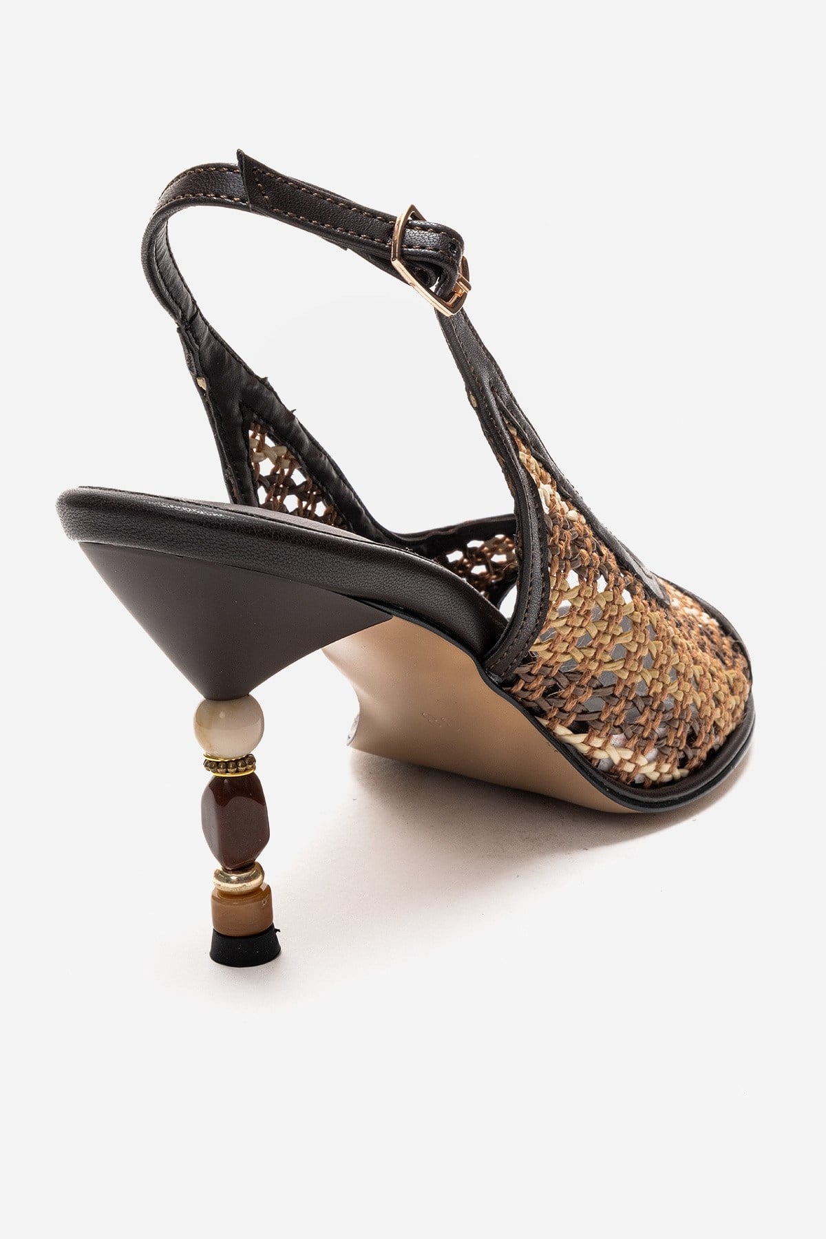 SOVEN - Brown Beaded-Heel Sandal – back view showing leather, beaded, Vowalisse
