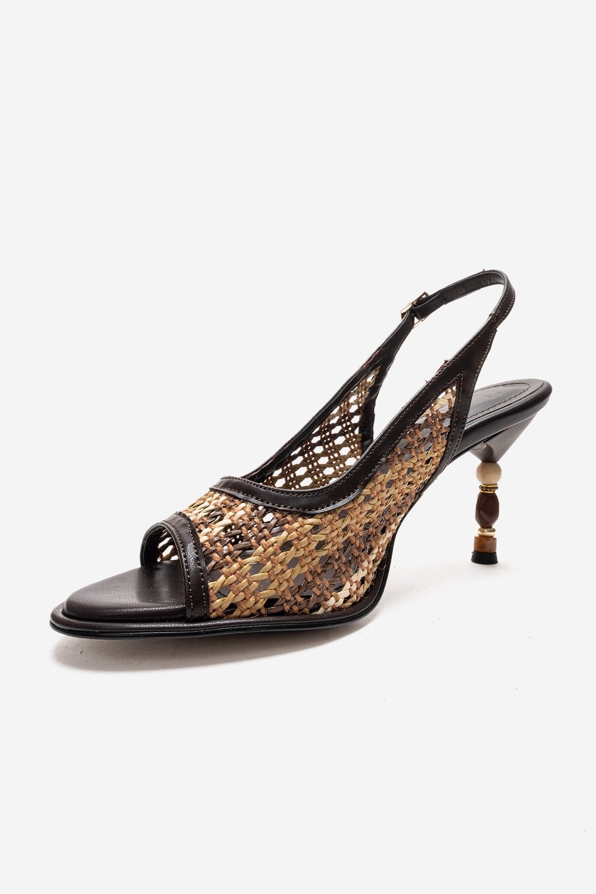 SOVEN - Brown Beaded-Heel Sandal – top view showing leather, beaded, Vowalisse