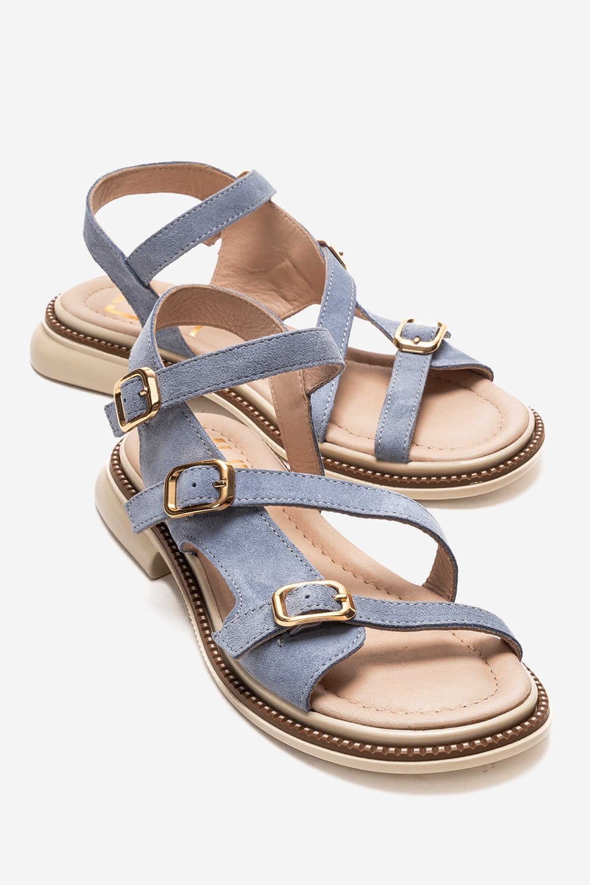 MOREZ - Blue Genuine Suede Leather Sandal – front three-quarter view showing leather, suede, blue, Vowalisse