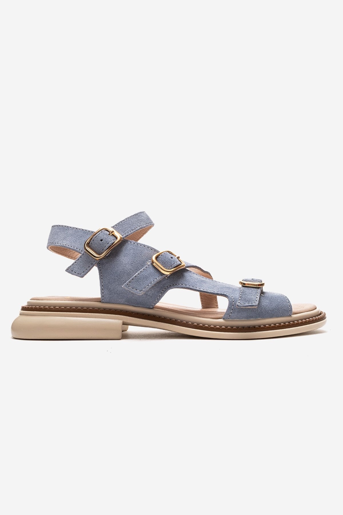 MOREZ - Blue Genuine Suede Leather Sandal – heel view showing leather, suede, blue, Vowalisse