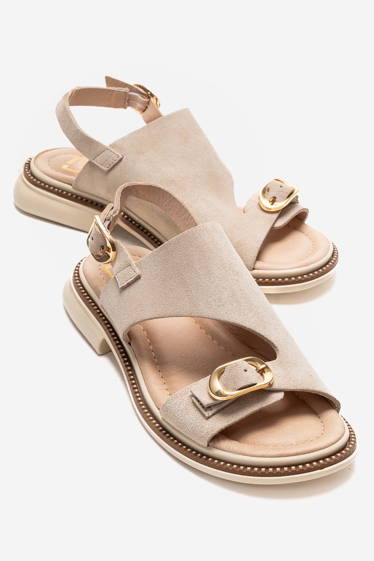 CRUEL - Beige Genuine Suede Leather Sandal – front three-quarter view showing leather, suede, Vowalisse