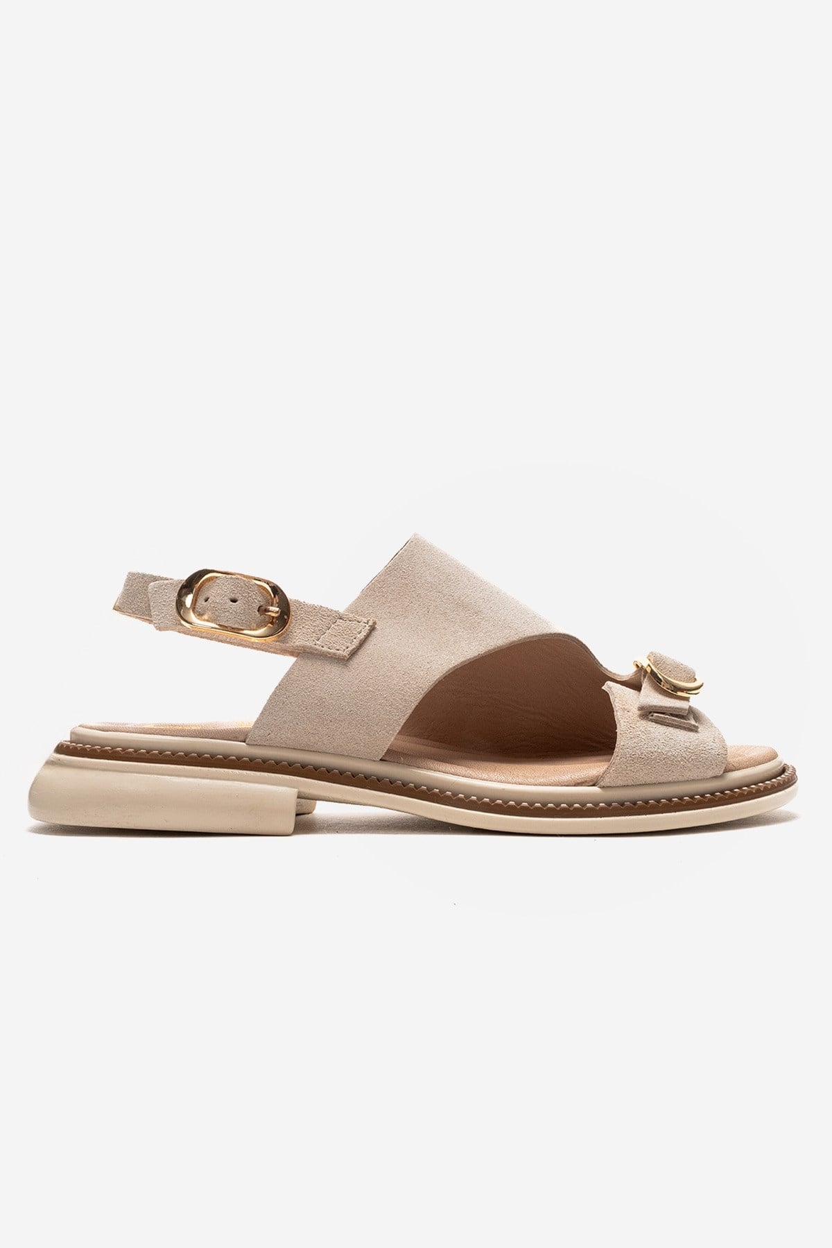 CRUEL - Beige Genuine Suede Leather Sandal – heel view showing leather, suede, Vowalisse