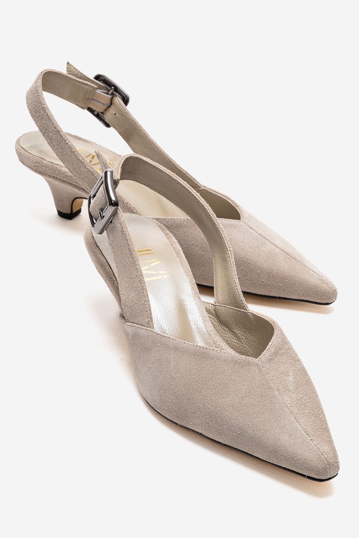 DIORIS - Beige Genuine Leather Slingback Kitten Heel Pointed Toe Pump – front three-quarter view showing leather, suede…