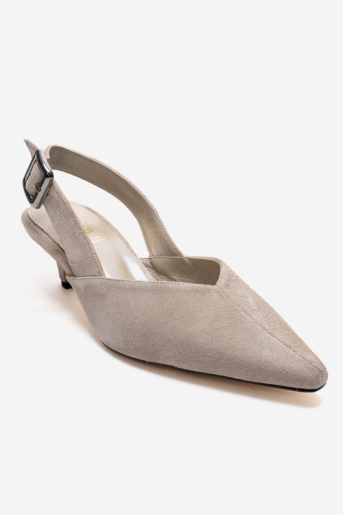 DIORIS - Beige Genuine Leather Slingback Kitten Heel Pointed Toe Pump – detail view showing leather, suede, Vowalisse
