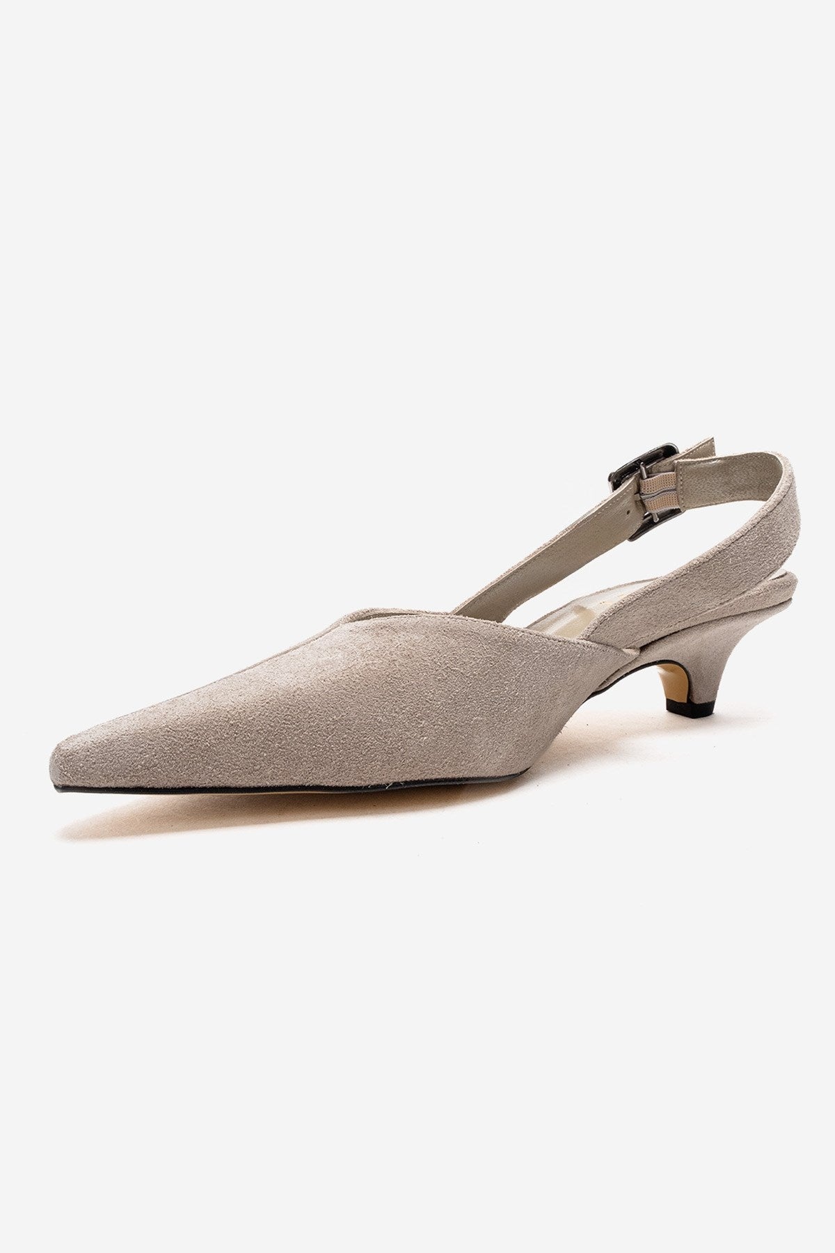 DIORIS - Beige Genuine Leather Slingback Kitten Heel Pointed Toe Pump – top view showing leather, suede, Vowalisse