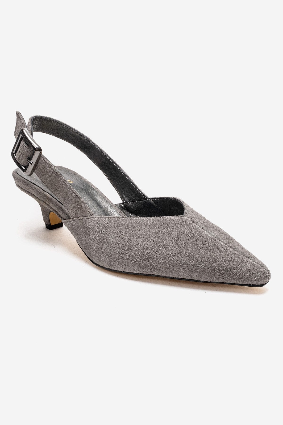 DIORIS - Gray Genuine Leather Slingback Kitten Heel Pointed Toe Pump – detail view showing leather, suede, Vowalisse