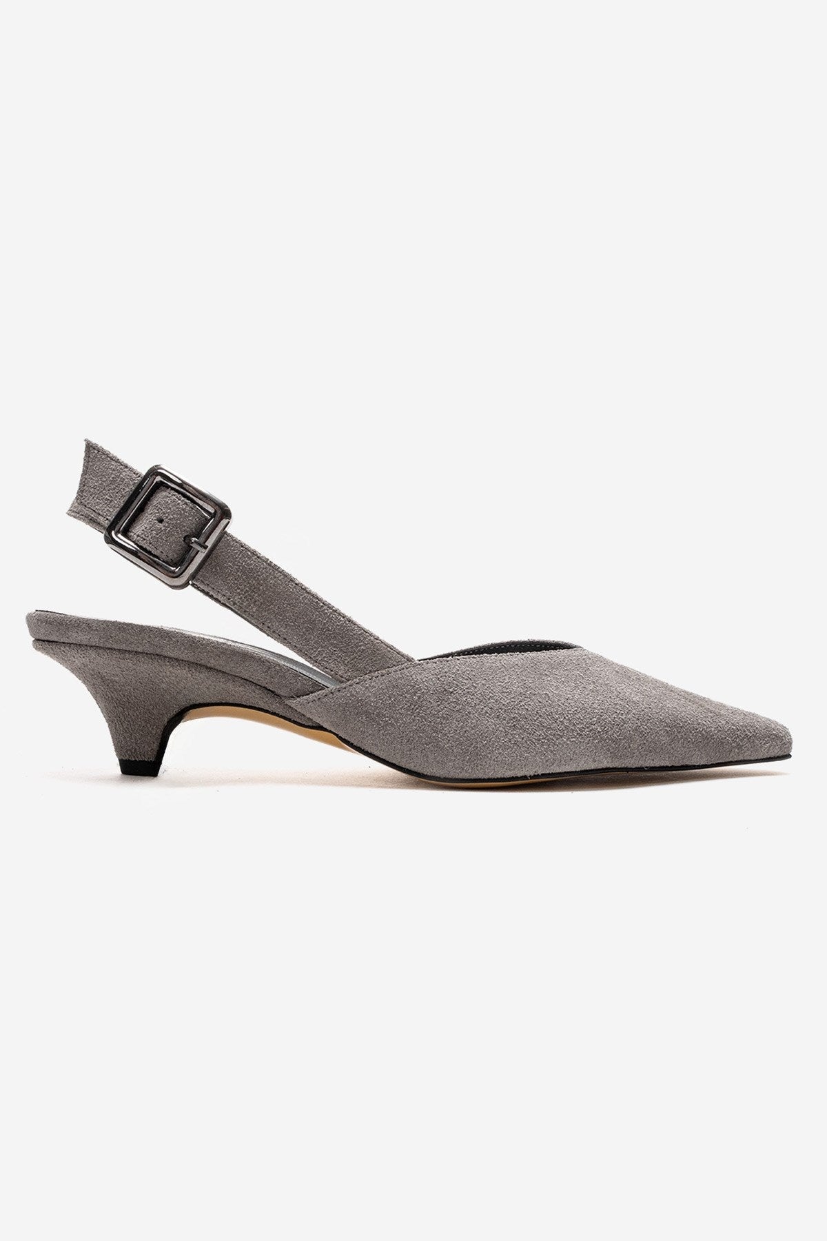 DIORIS - Gray Genuine Leather Slingback Kitten Heel Pointed Toe Pump – heel view showing leather, suede, Vowalisse