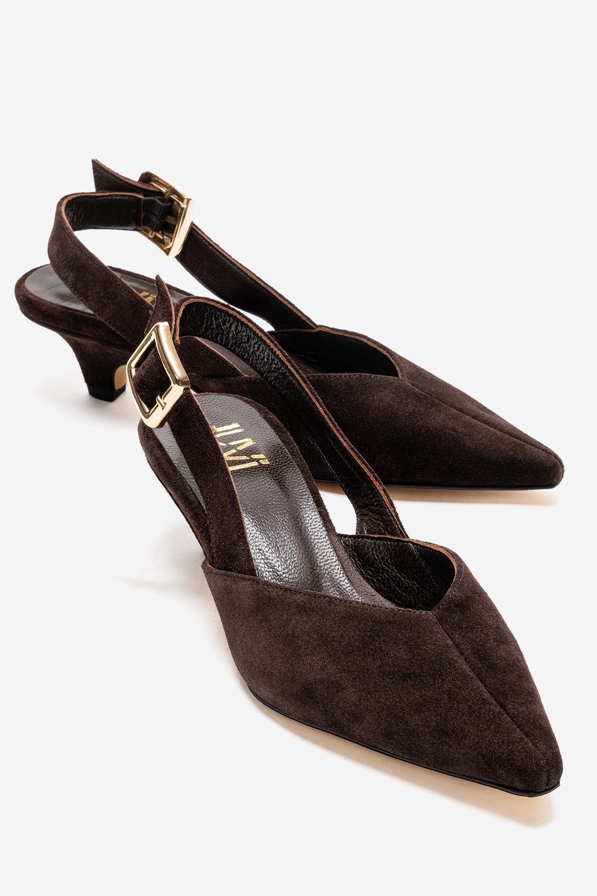 DIORIS - Brown Genuine Leather Slingback Kitten Heel Pointed Toe Pump – front three-quarter view showing leather, suede…