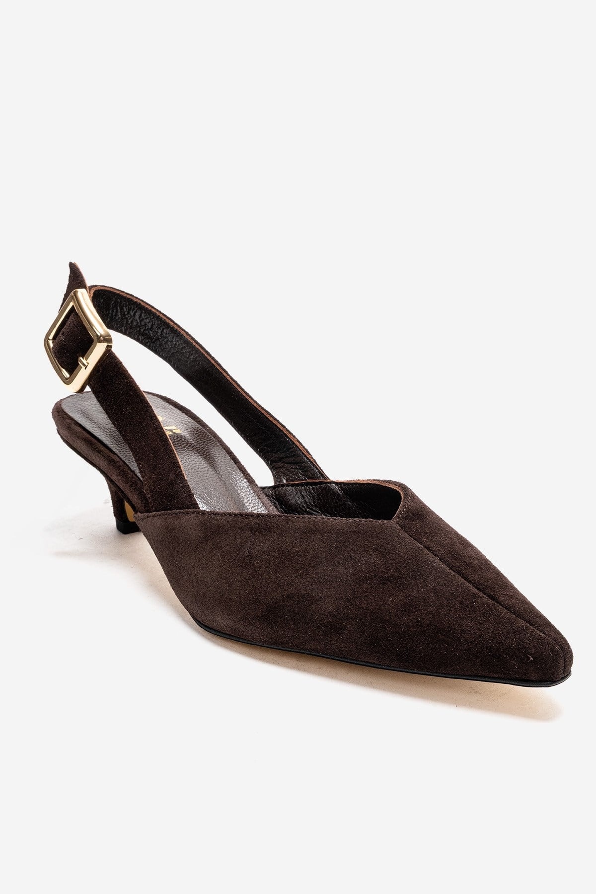 DIORIS - Brown Genuine Leather Slingback Kitten Heel Pointed Toe Pump – detail view showing leather, suede, Vowalisse