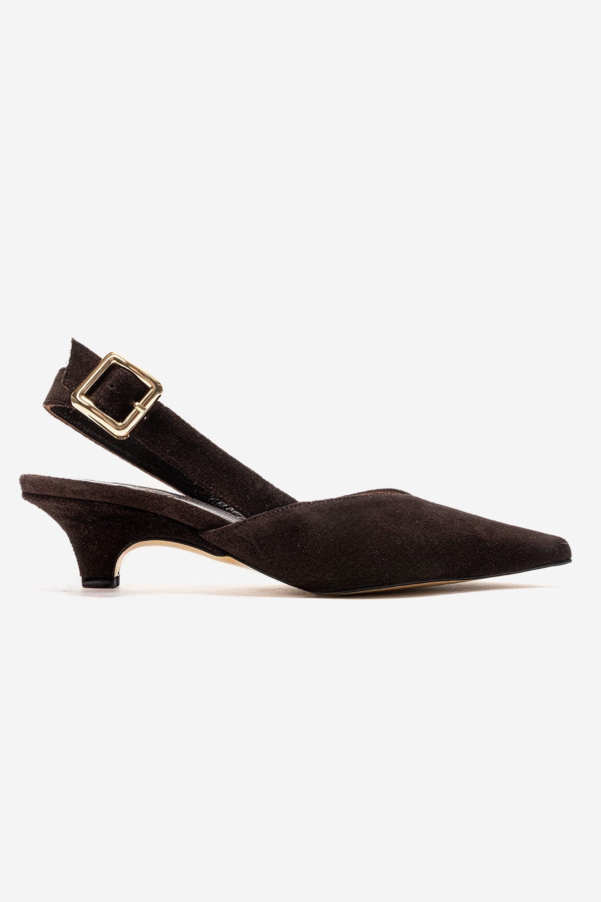 DIORIS - Brown Genuine Leather Slingback Kitten Heel Pointed Toe Pump – heel view showing leather, suede, Vowalisse