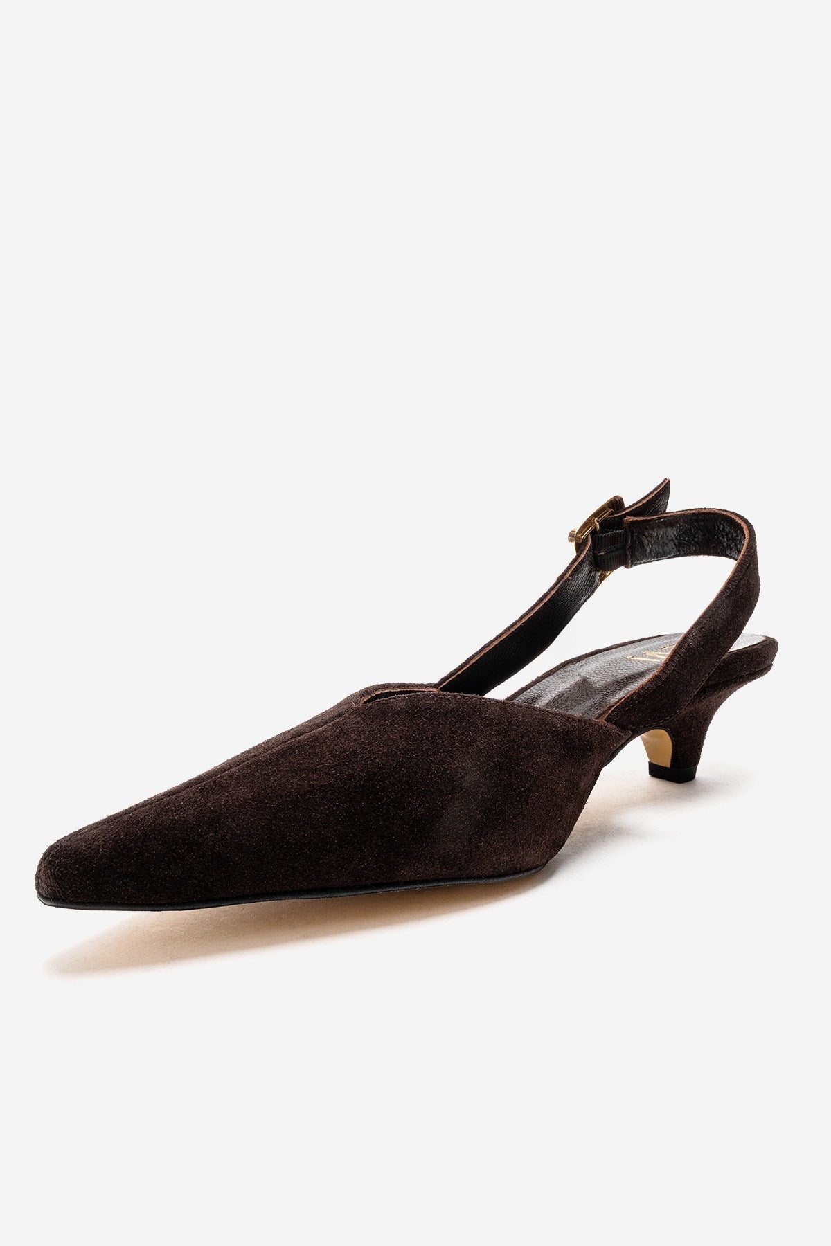 DIORIS - Brown Genuine Leather Slingback Kitten Heel Pointed Toe Pump – top view showing leather, suede, Vowalisse