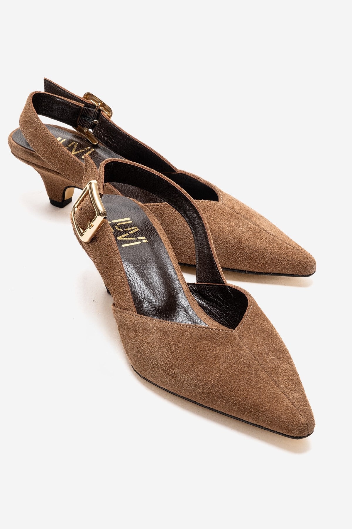 DIORIS - Camel Genuine Leather Slingback Kitten Heel Pointed Toe Pump – front three-quarter view showing leather, suede…
