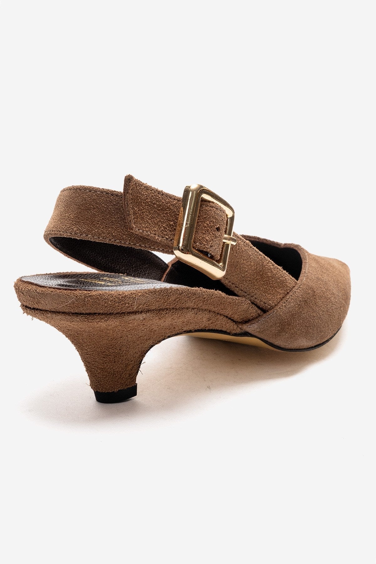 DIORIS - Camel Genuine Leather Slingback Kitten Heel Pointed Toe Pump – back view showing leather, suede, Vowalisse