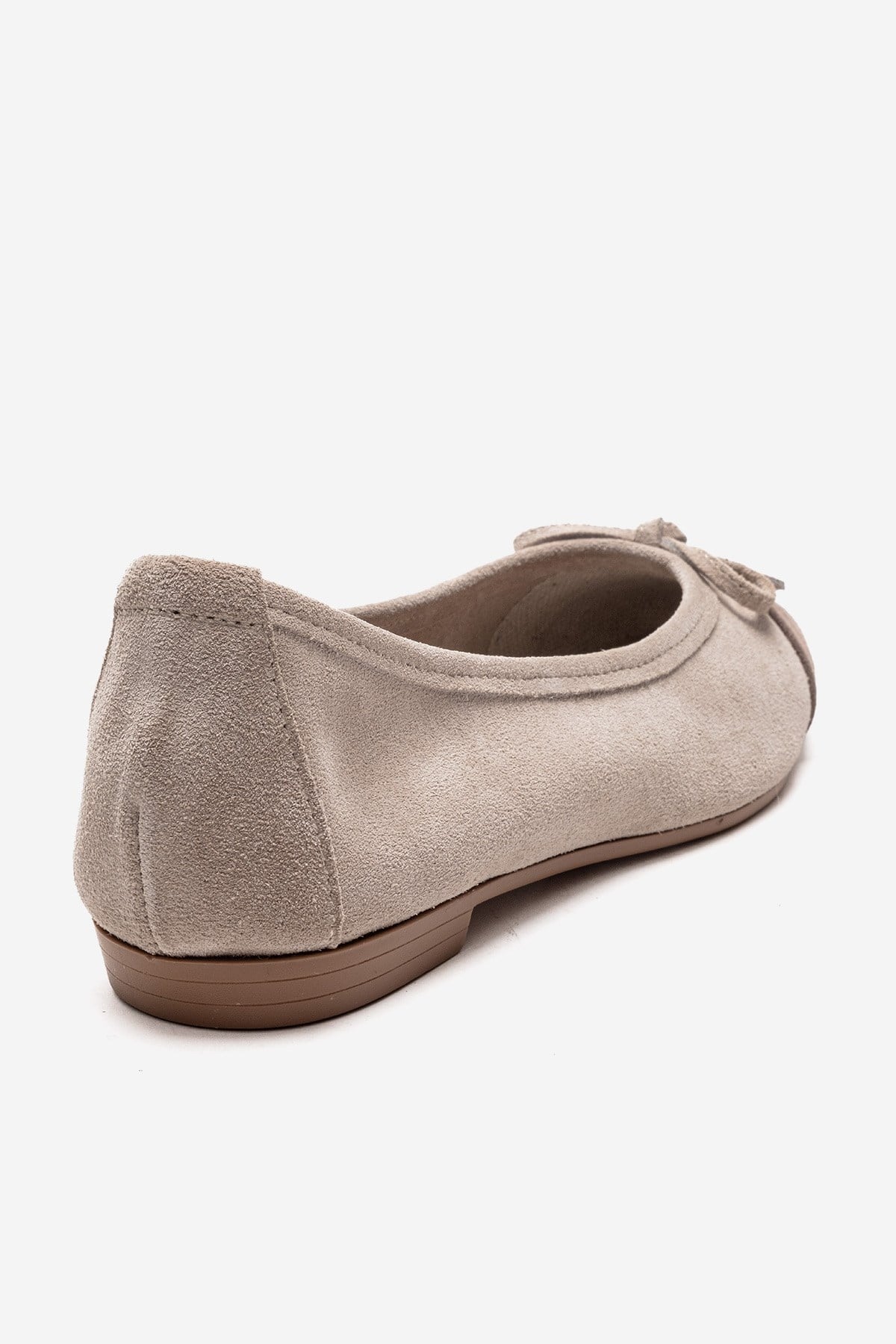 BOLEO - Beige/Taupe Genuine Leather Ballet Flat – heel view showing bow, leather, Vowalisse