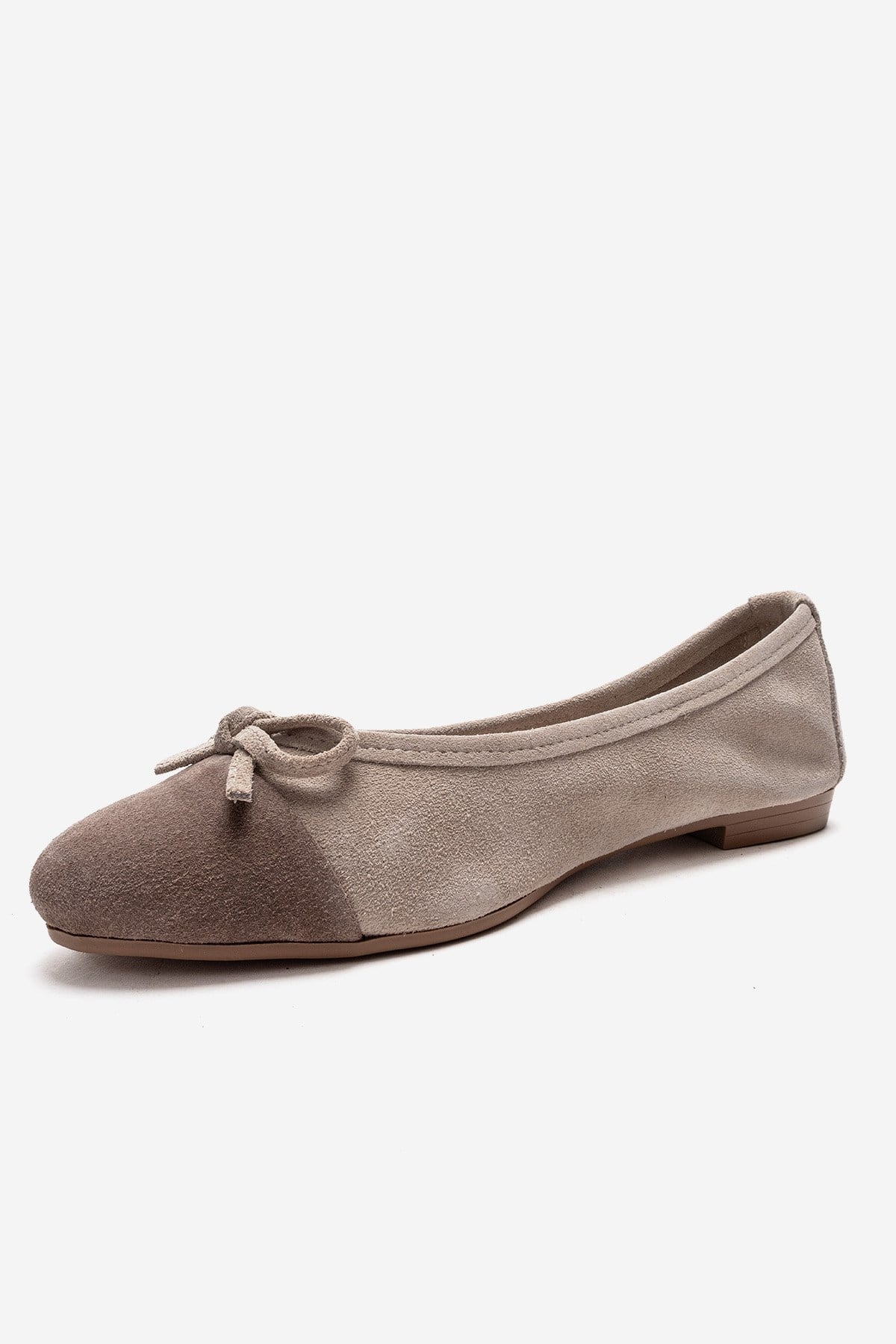 BOLEO - Beige/Taupe Genuine Leather Ballet Flat – top view showing bow, leather, Vowalisse