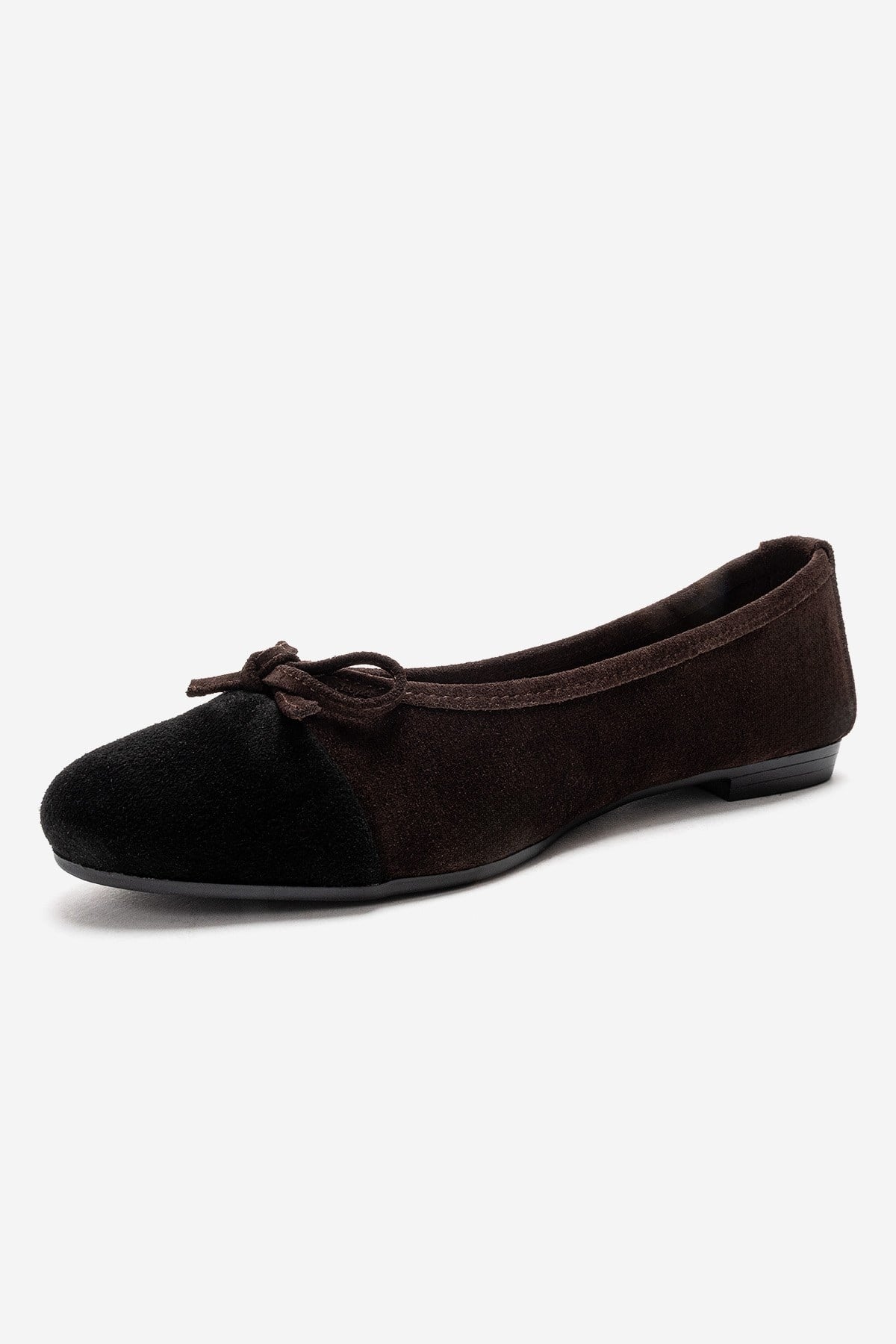 BOLEO - Brown/Black Genuine Leather Ballet Flat – top view showing bow, leather, black, Vowalisse