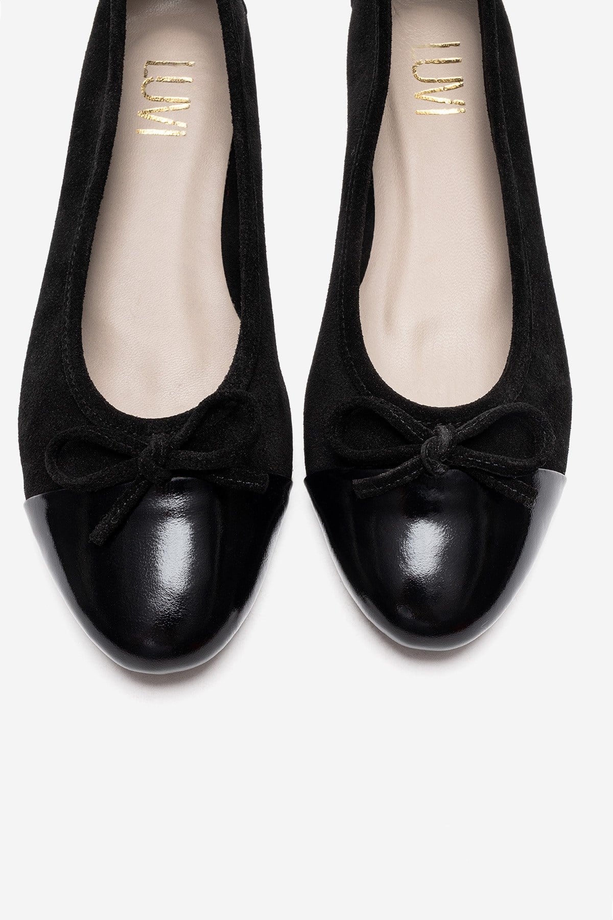 BOLEO - Black Genuine Leather Ballet Flat – side view showing leather, suede, black, Vowalisse