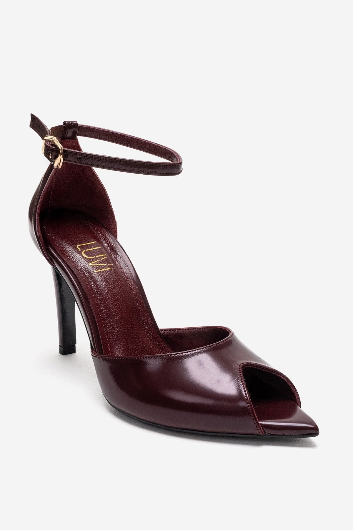 DONA - Burgundy Stiletto Pump – detail view showing leather, Vowalisse