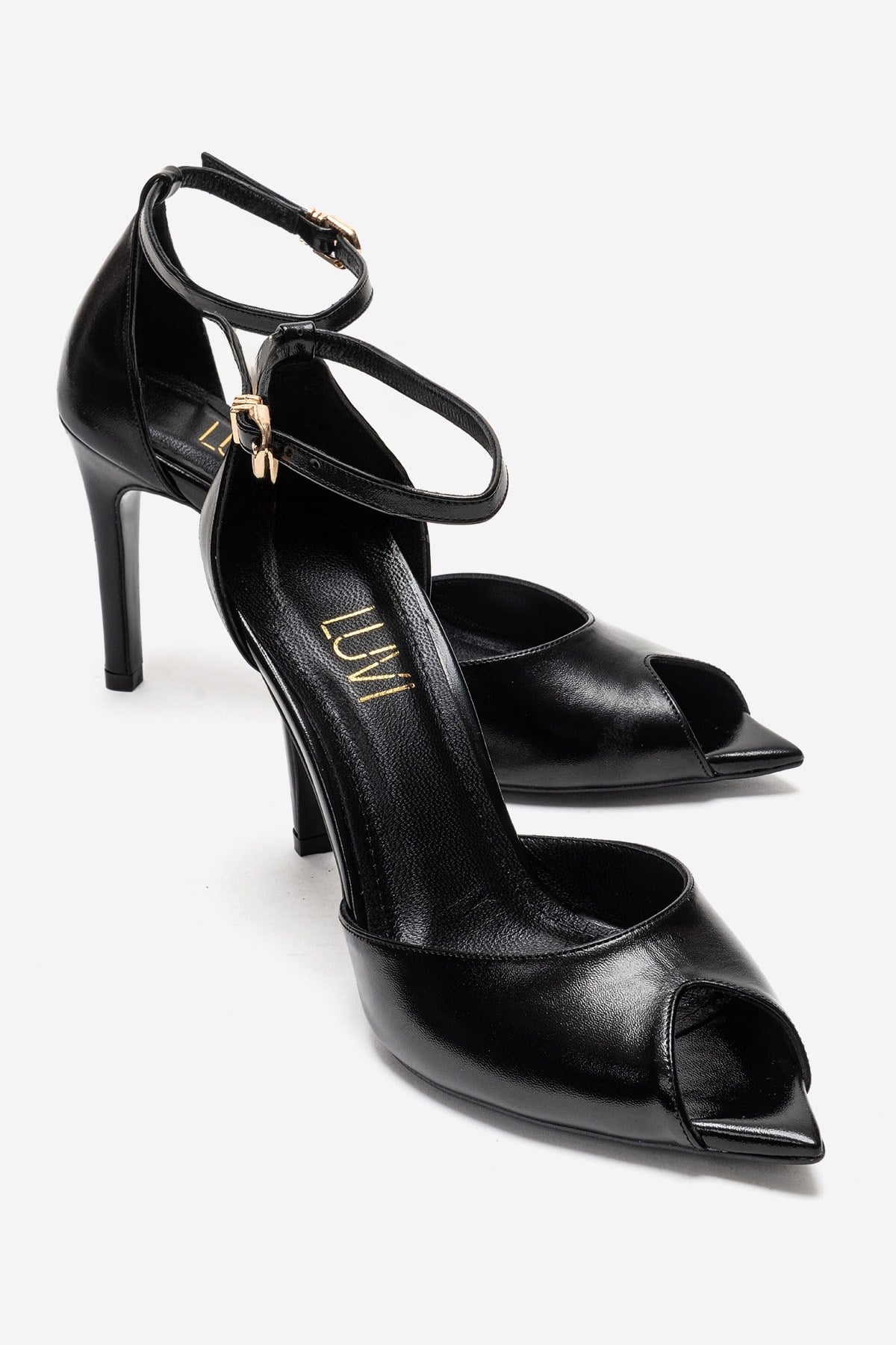 DONA - Black Stiletto Pump – front three-quarter view showing leather, black, Vowalisse