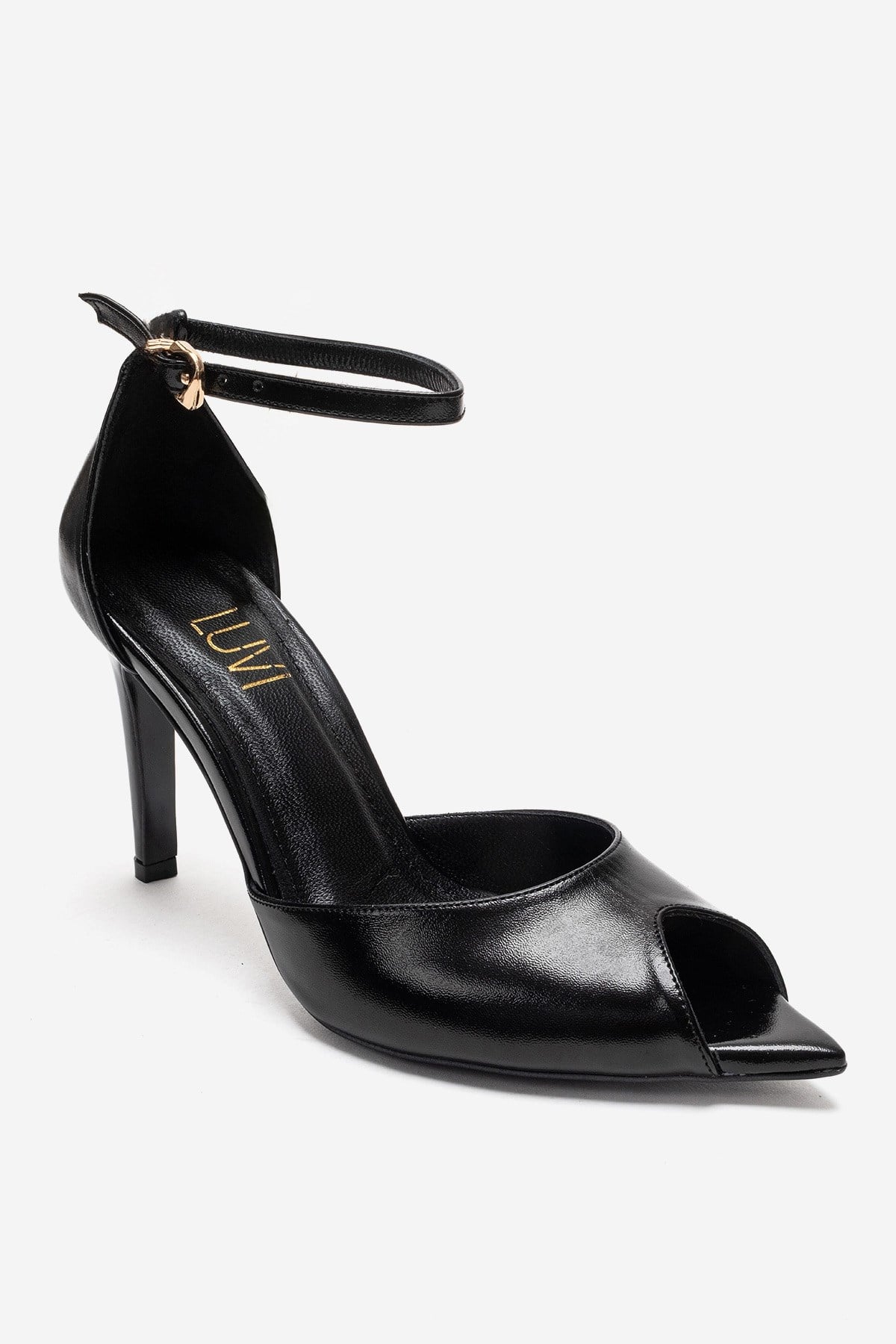DONA - Black Stiletto Pump – detail view showing leather, black, Vowalisse