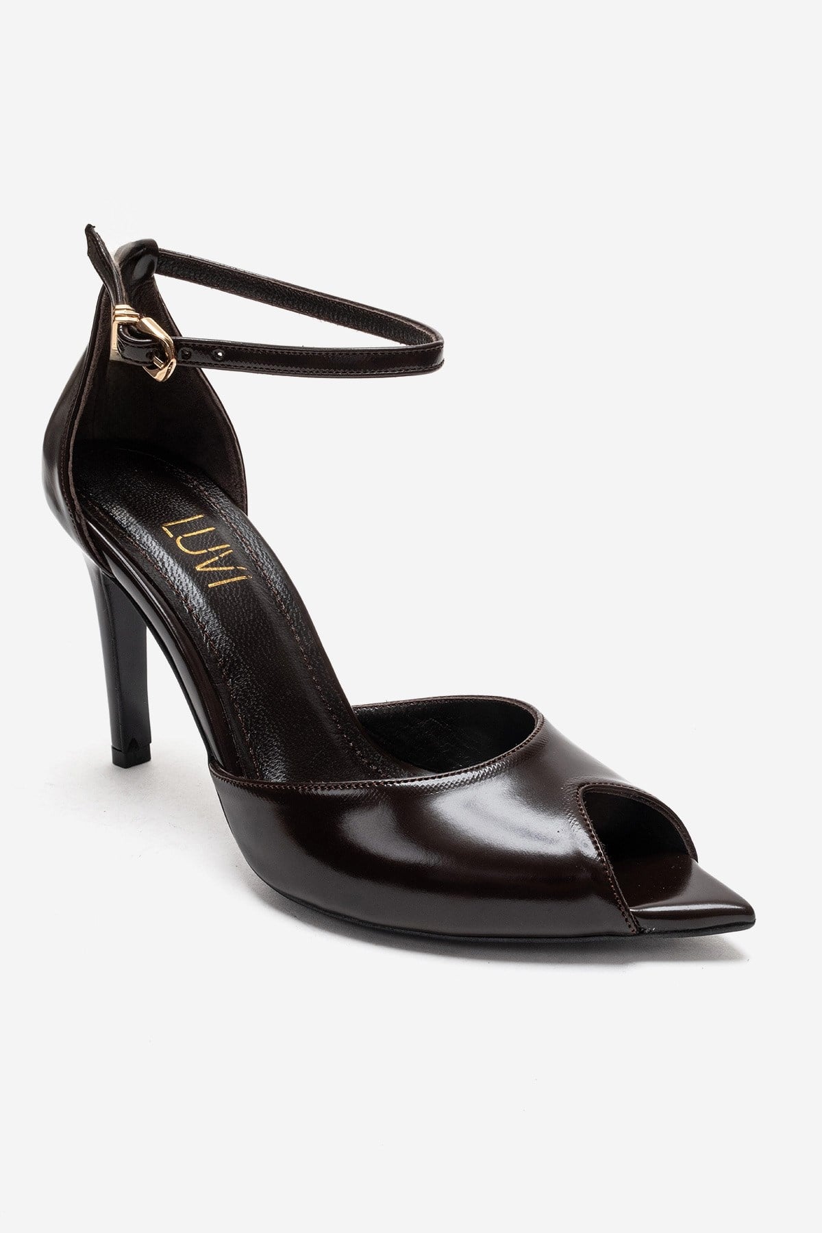 DONA - Cognac Genuine Leather Stiletto Pump – detail view showing leather, Vowalisse