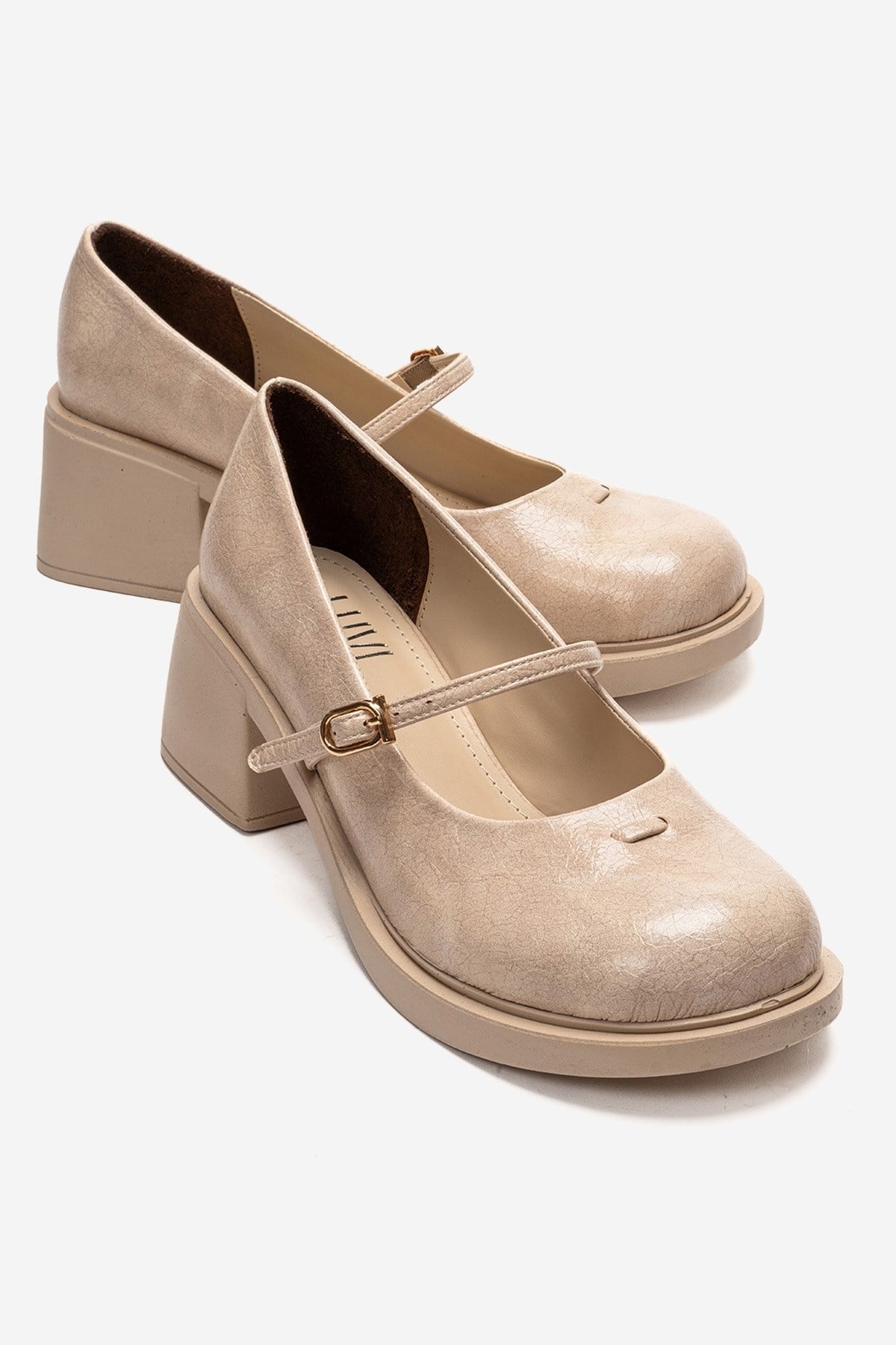 LUANDA - Beige Genuine Leather Block Heel Mary Jane – front three-quarter view showing leather, Vowalisse