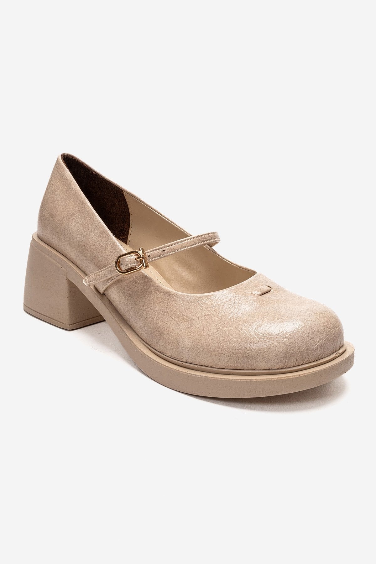 LUANDA - Beige Genuine Leather Block Heel Mary Jane – detail view showing leather, Vowalisse
