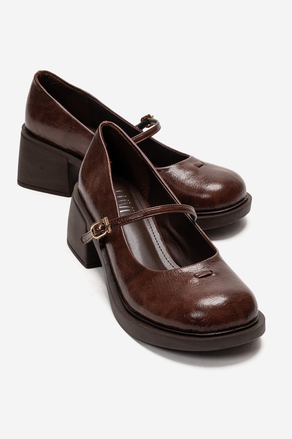 LUANDA - Cognac Genuine Leather Block Heel Mary Jane – front three-quarter view showing leather, Vowalisse