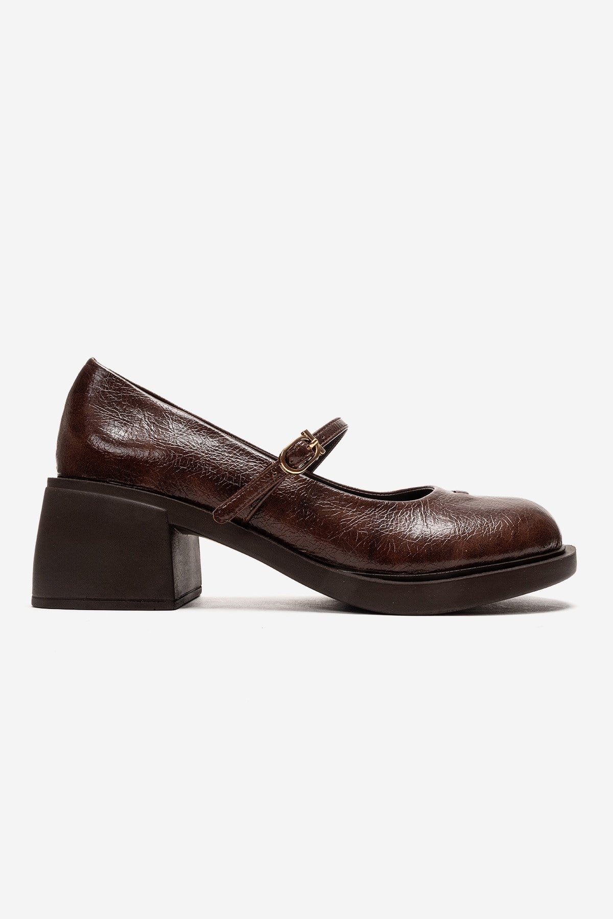 LUANDA - Cognac Genuine Leather Block Heel Mary Jane – heel view showing leather, Vowalisse