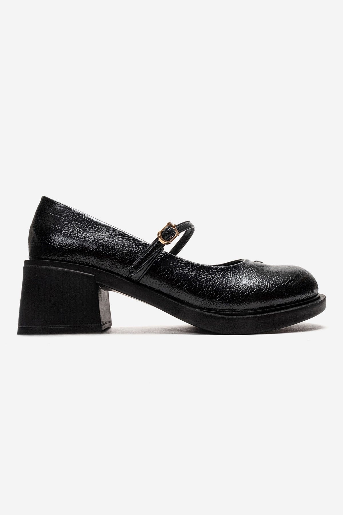 LUANDA - Black Genuine Leather Block Heel Mary Jane – heel view showing leather, black, Vowalisse