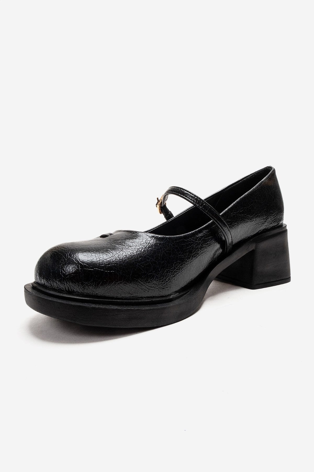 LUANDA - Black Genuine Leather Block Heel Mary Jane – top view showing leather, black, Vowalisse