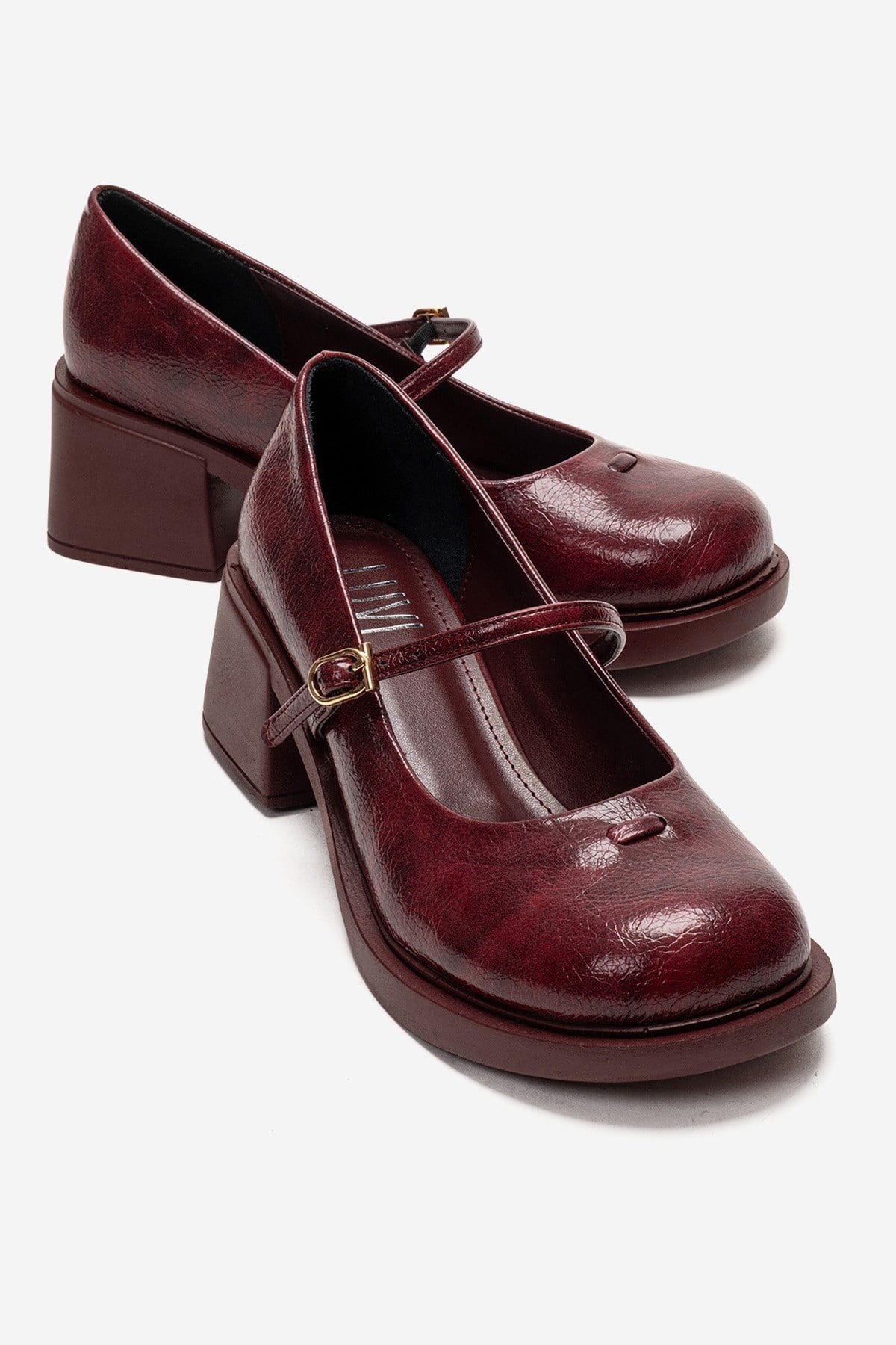 LUANDA - Burgundy Genuine Leather Block Heel Mary Jane – front three-quarter view showing leather, Vowalisse