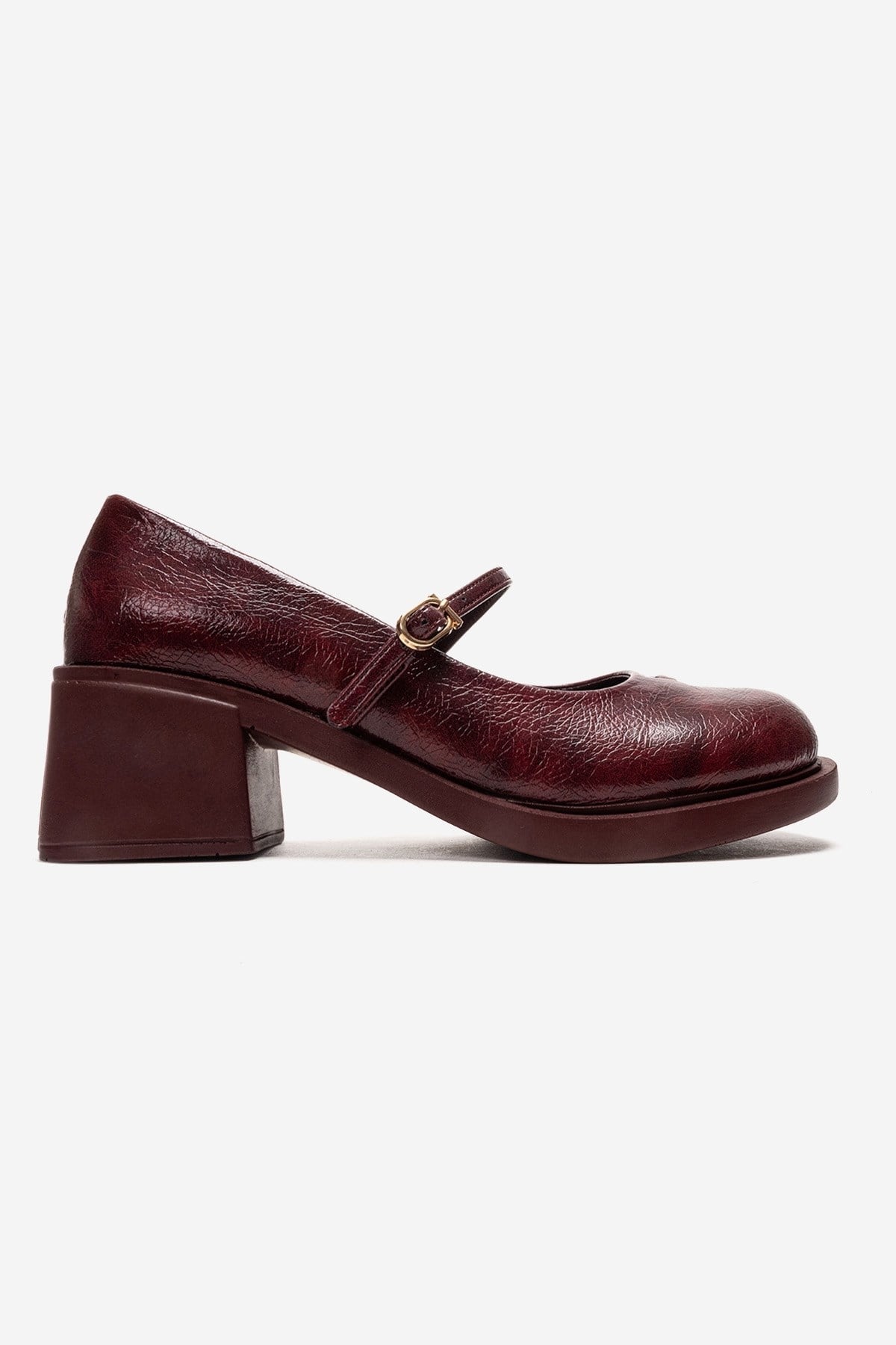 LUANDA - Burgundy Genuine Leather Block Heel Mary Jane – heel view showing leather, Vowalisse