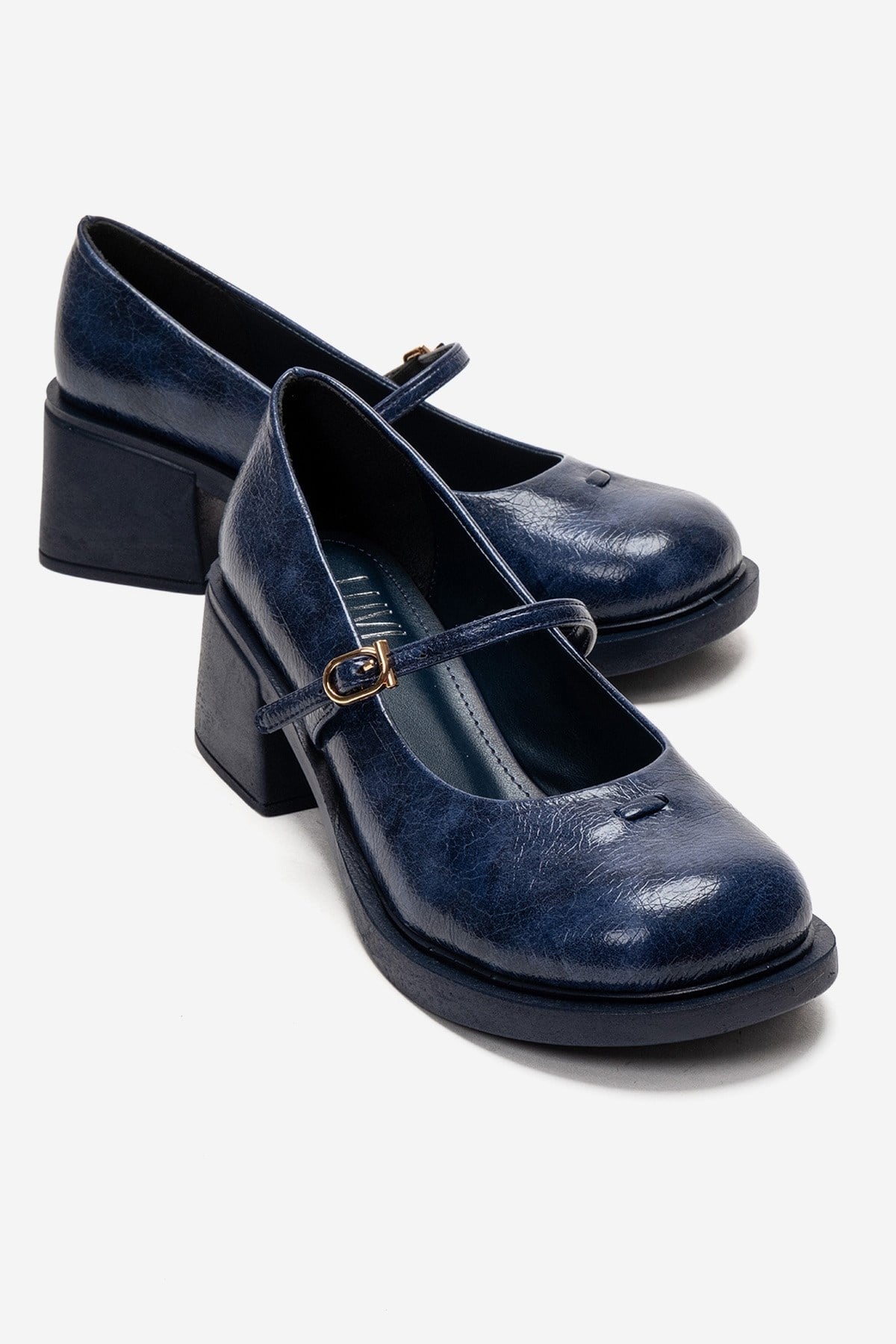 LUANDA - Navy Block Heel Mary Jane Shoe – front three-quarter view showing leather, Vowalisse