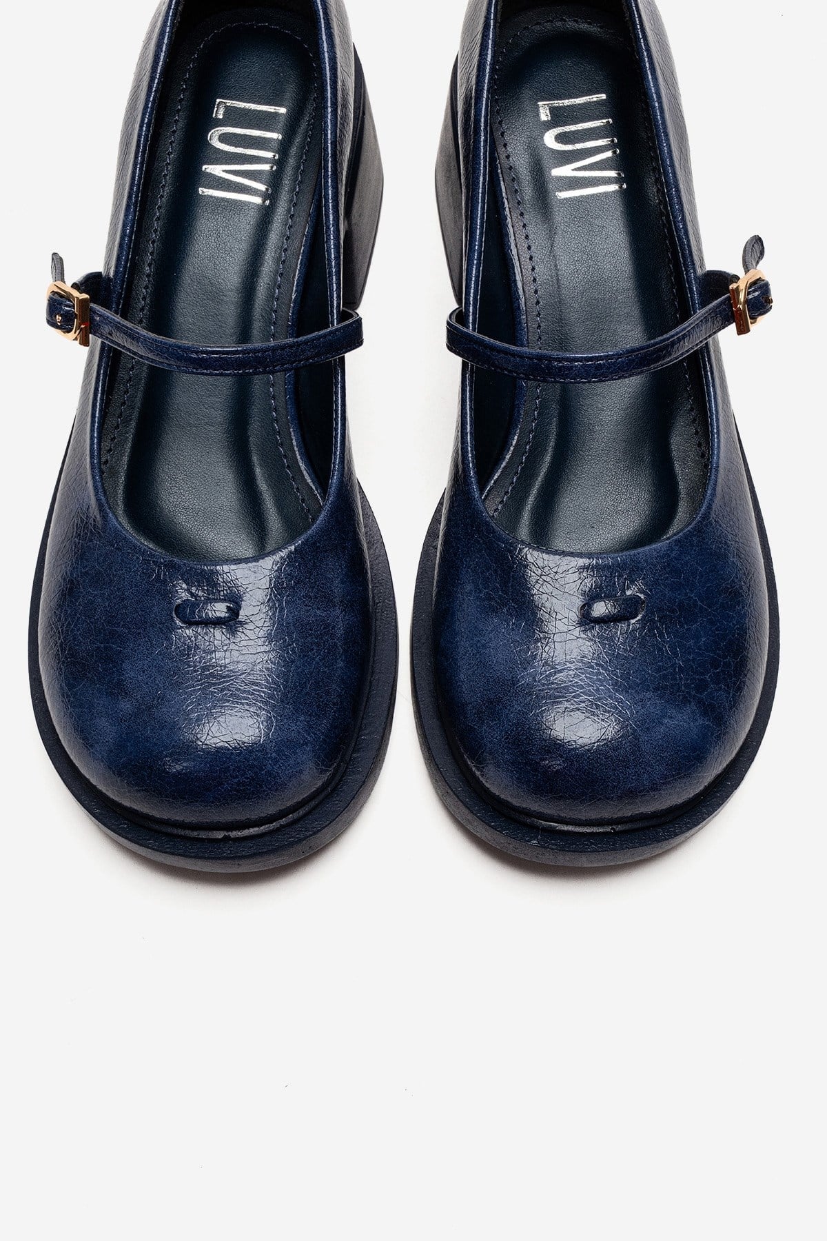 LUANDA - Navy Block Heel Mary Jane Shoe – side view showing leather, Vowalisse