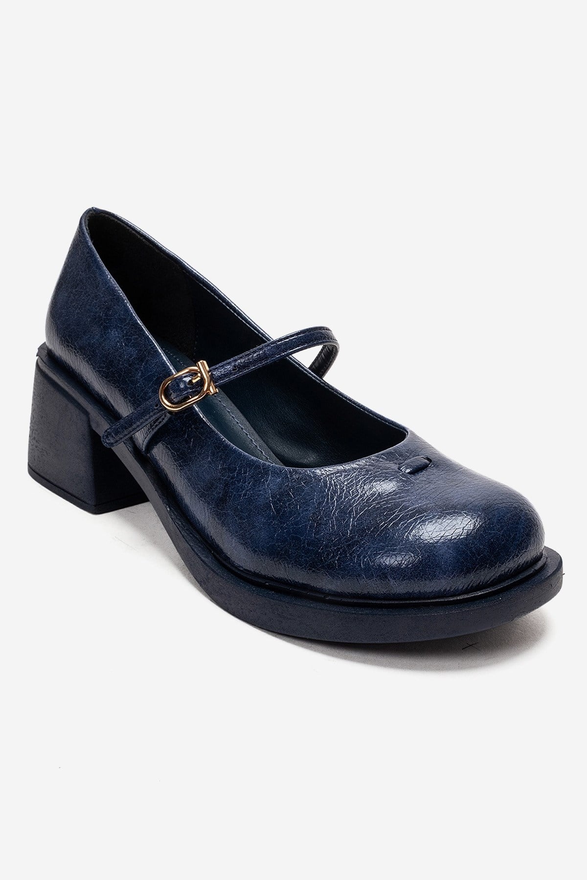 LUANDA - Navy Block Heel Mary Jane Shoe – detail view showing leather, Vowalisse