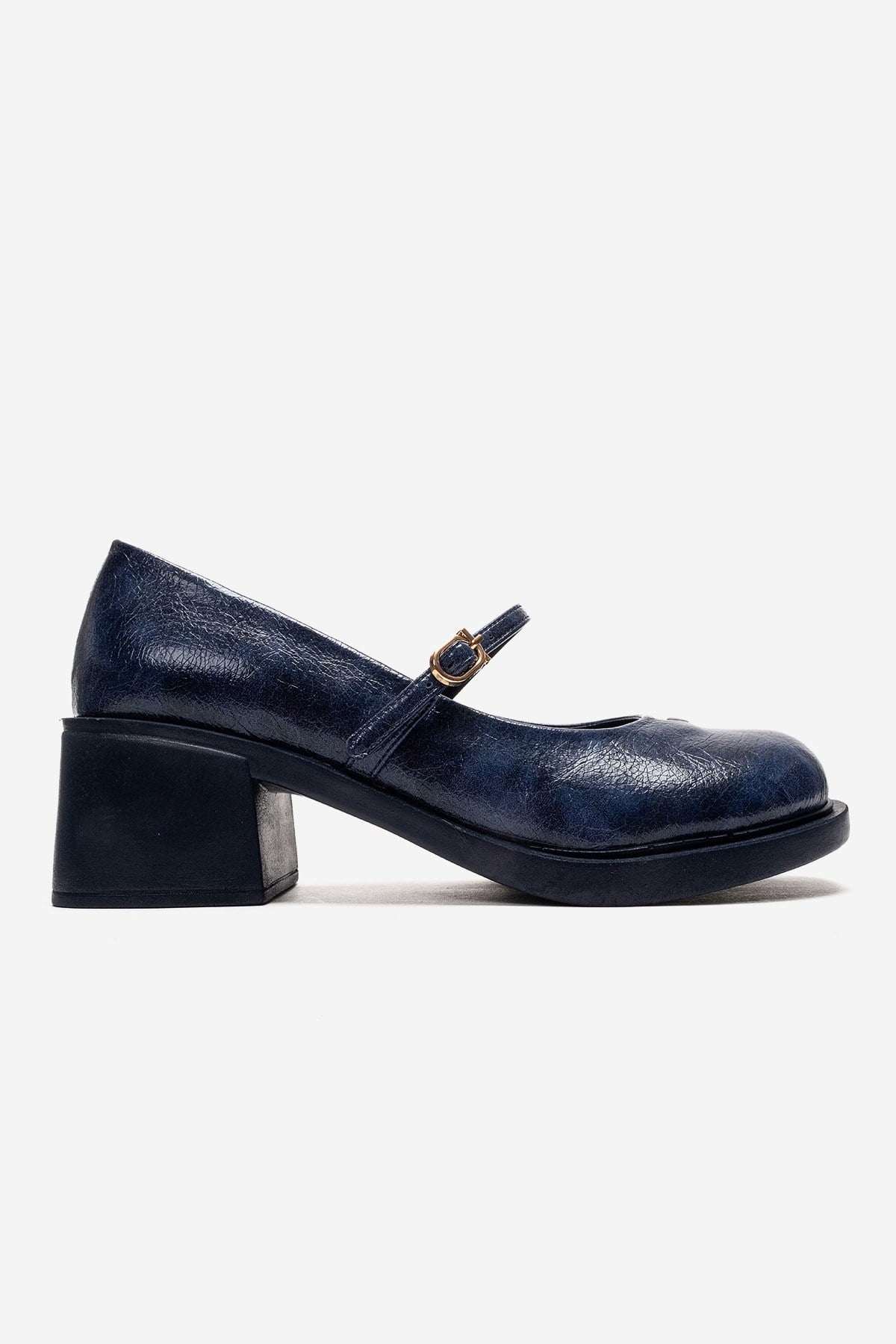 LUANDA - Navy Block Heel Mary Jane Shoe – heel view showing leather, Vowalisse