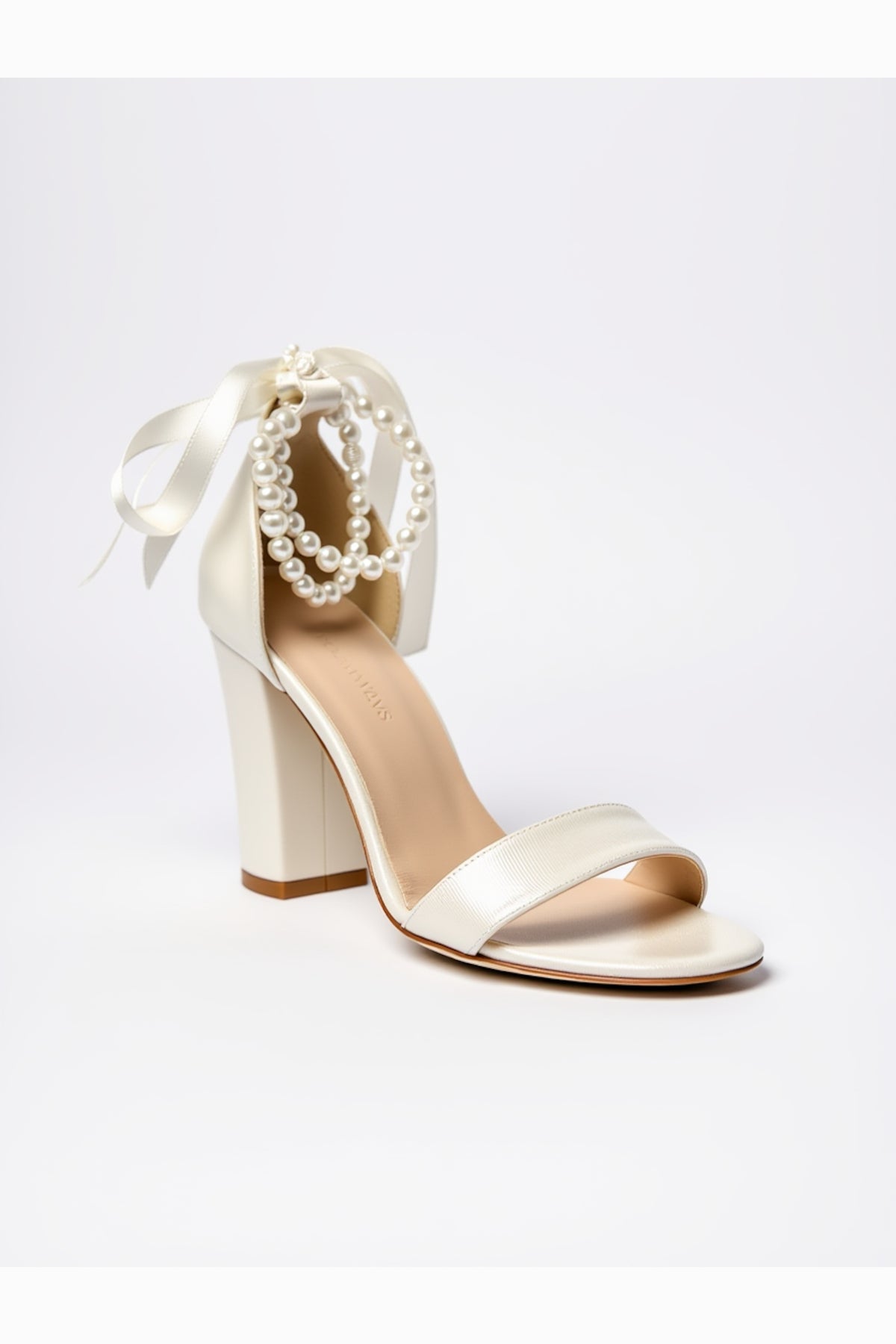 Caelis Pearl Block Heels Bridal Shoes – front three-quarter view showing pearl, Vowalisse
