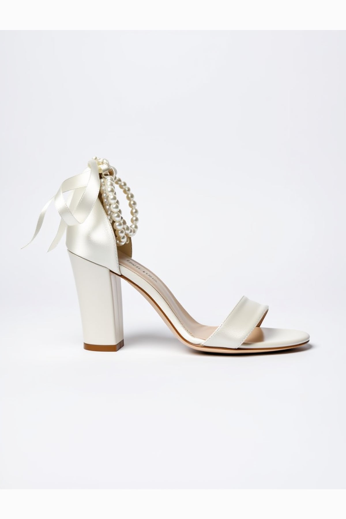 Caelis Pearl Block Heels Bridal Shoes – side view showing pearl, Vowalisse