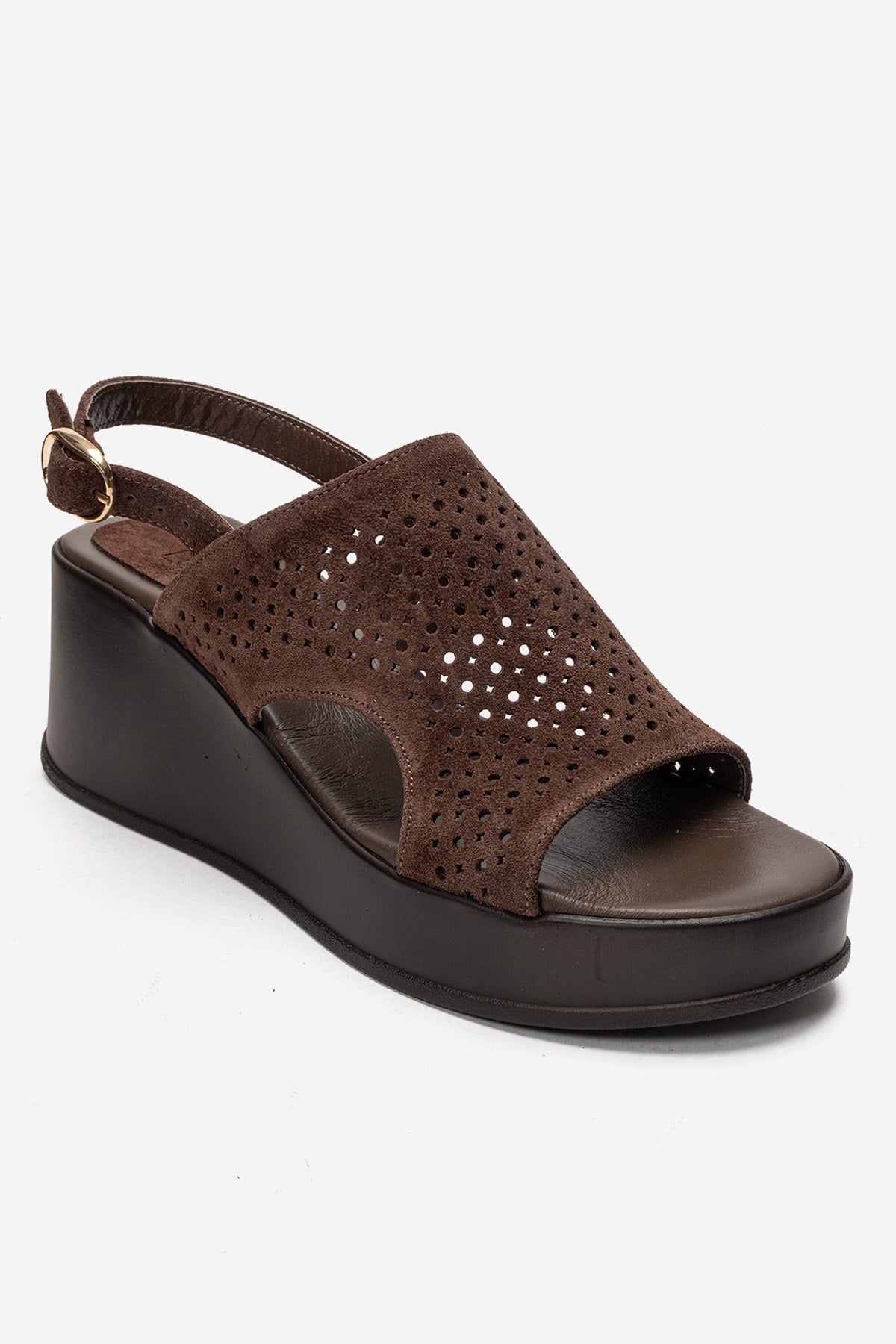 Jadira - Brown Genuine Leather Wedge Heel Sandal – detail view showing leather, suede, Vowalisse