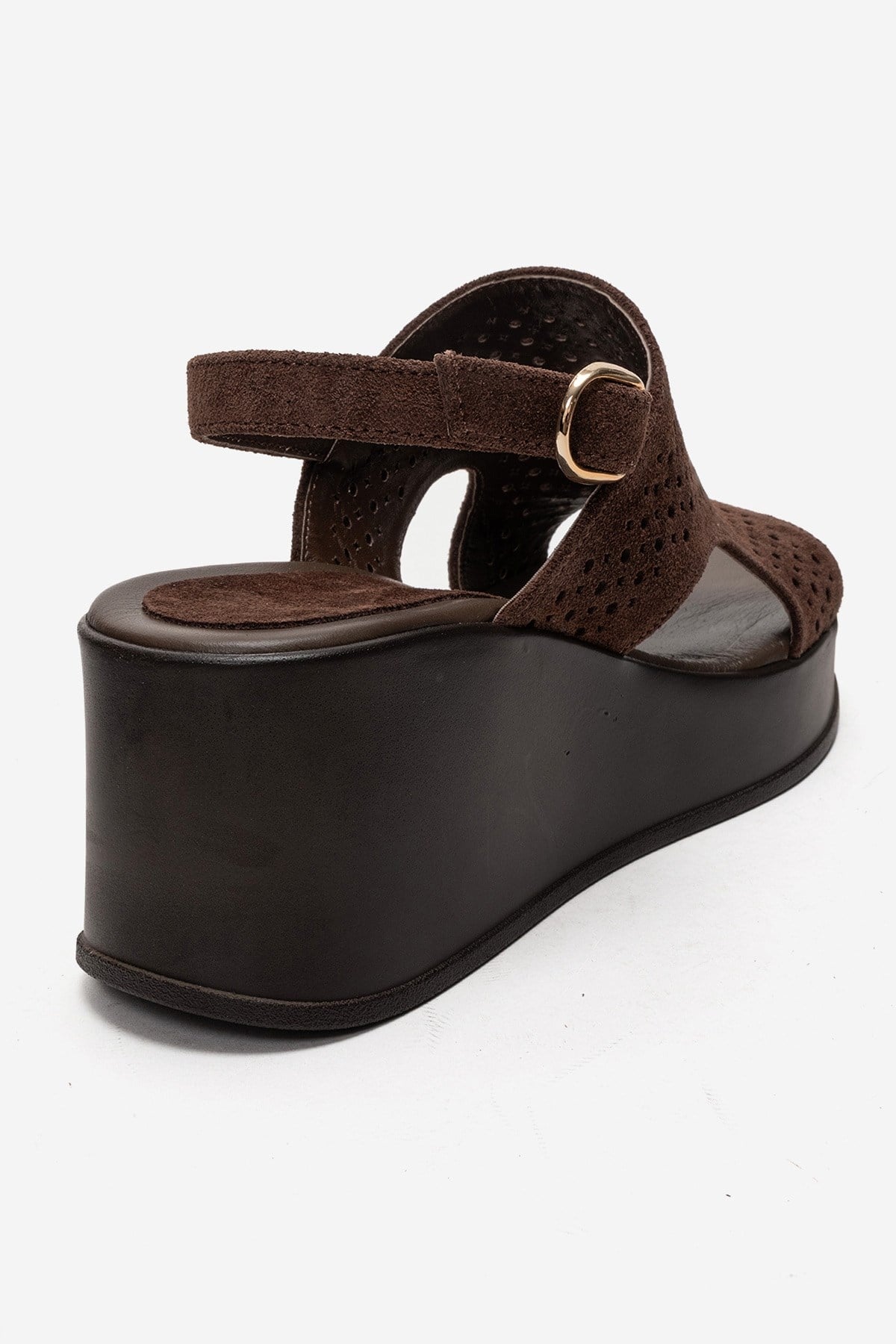 Jadira - Brown Genuine Leather Wedge Heel Sandal – back view showing leather, suede, Vowalisse