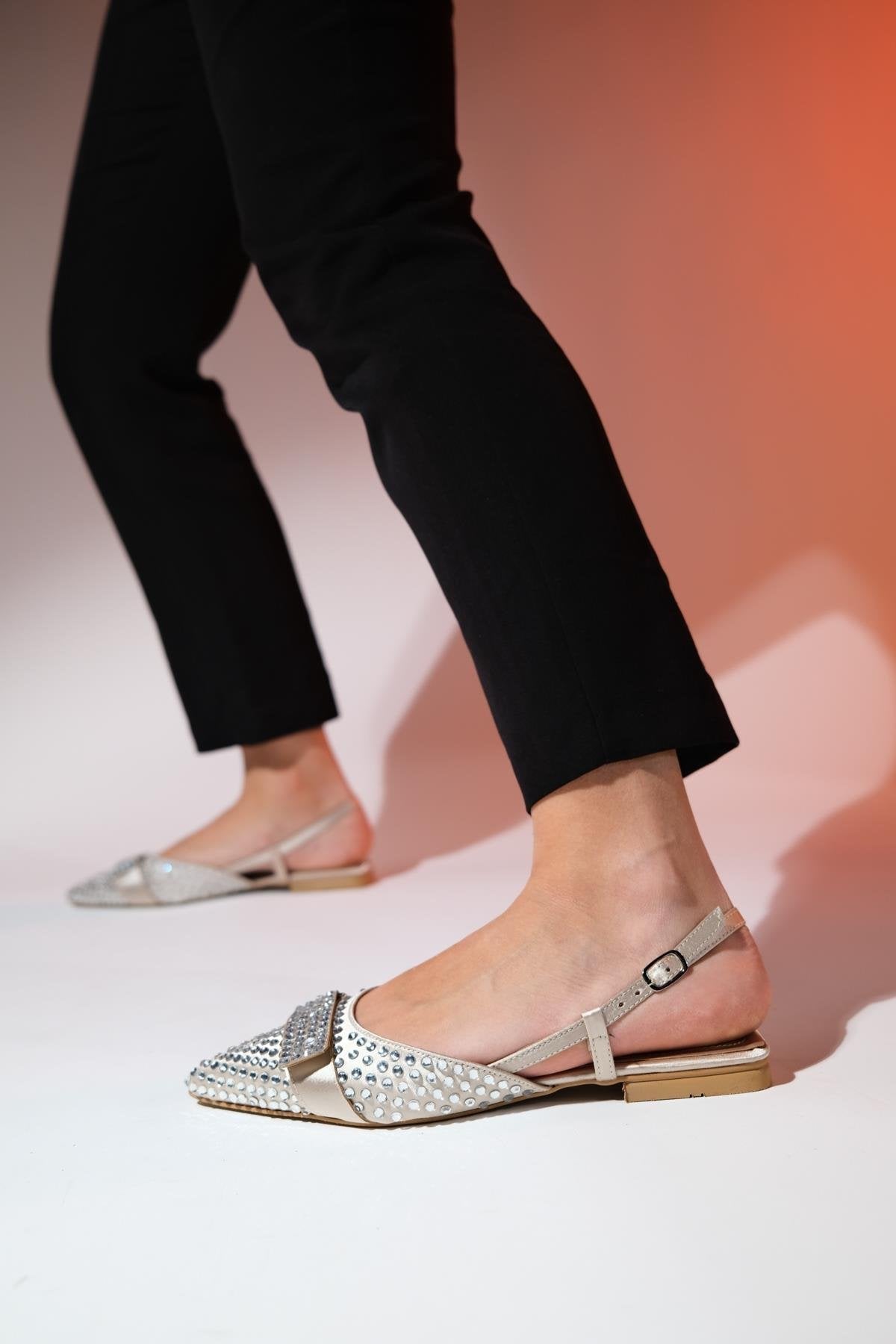 Kelp - Beige Satin Embellished Flat Sandal – detail view showing satin, leather, Vowalisse