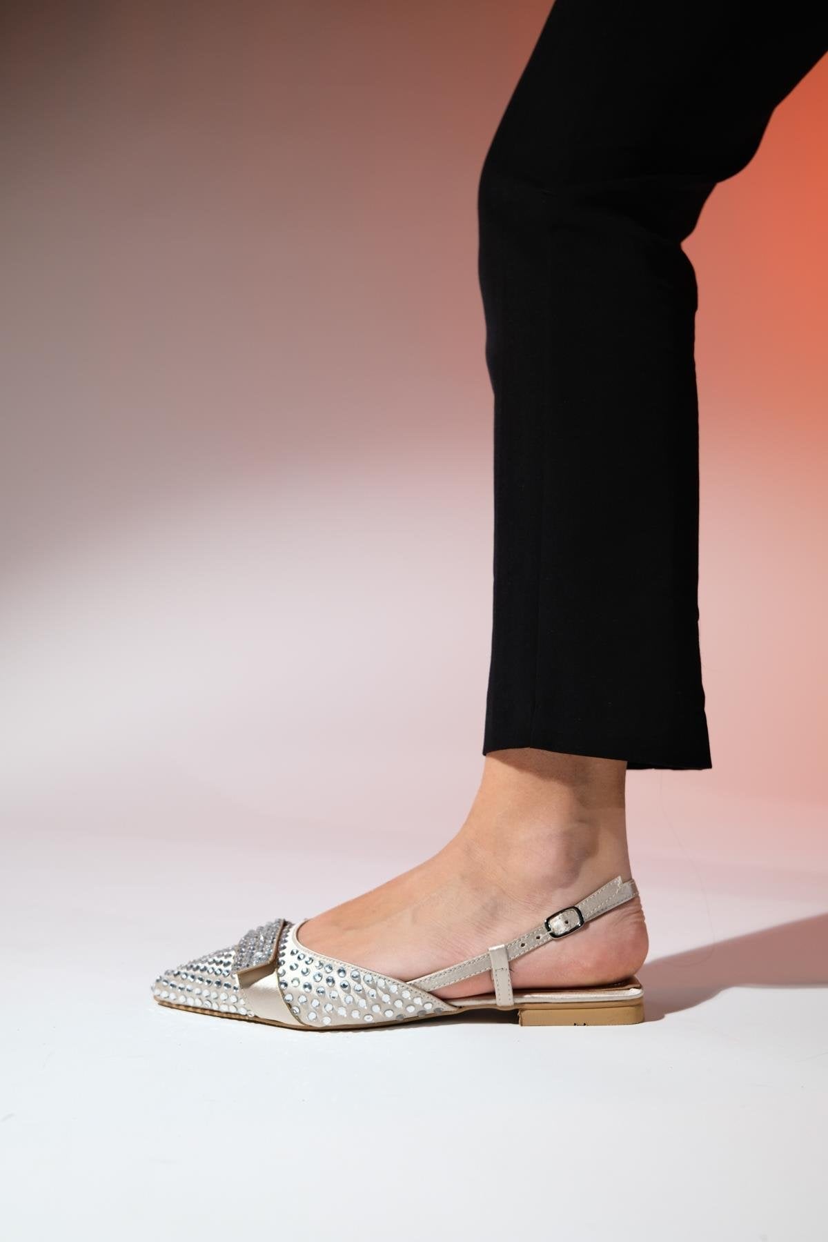 Kelp - Beige Satin Embellished Flat Sandal – heel view showing satin, leather, Vowalisse