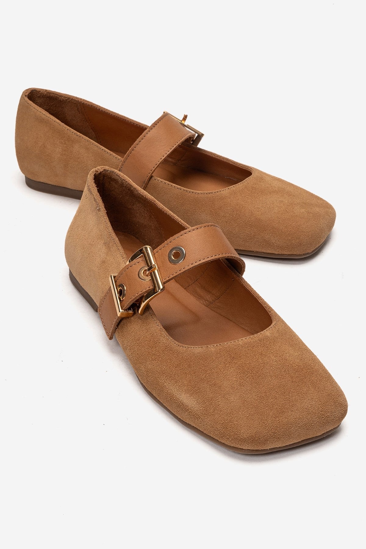 Jonas - Tan Suede Genuine Leather Ballet Flat – front three-quarter view showing leather, suede, Vowalisse
