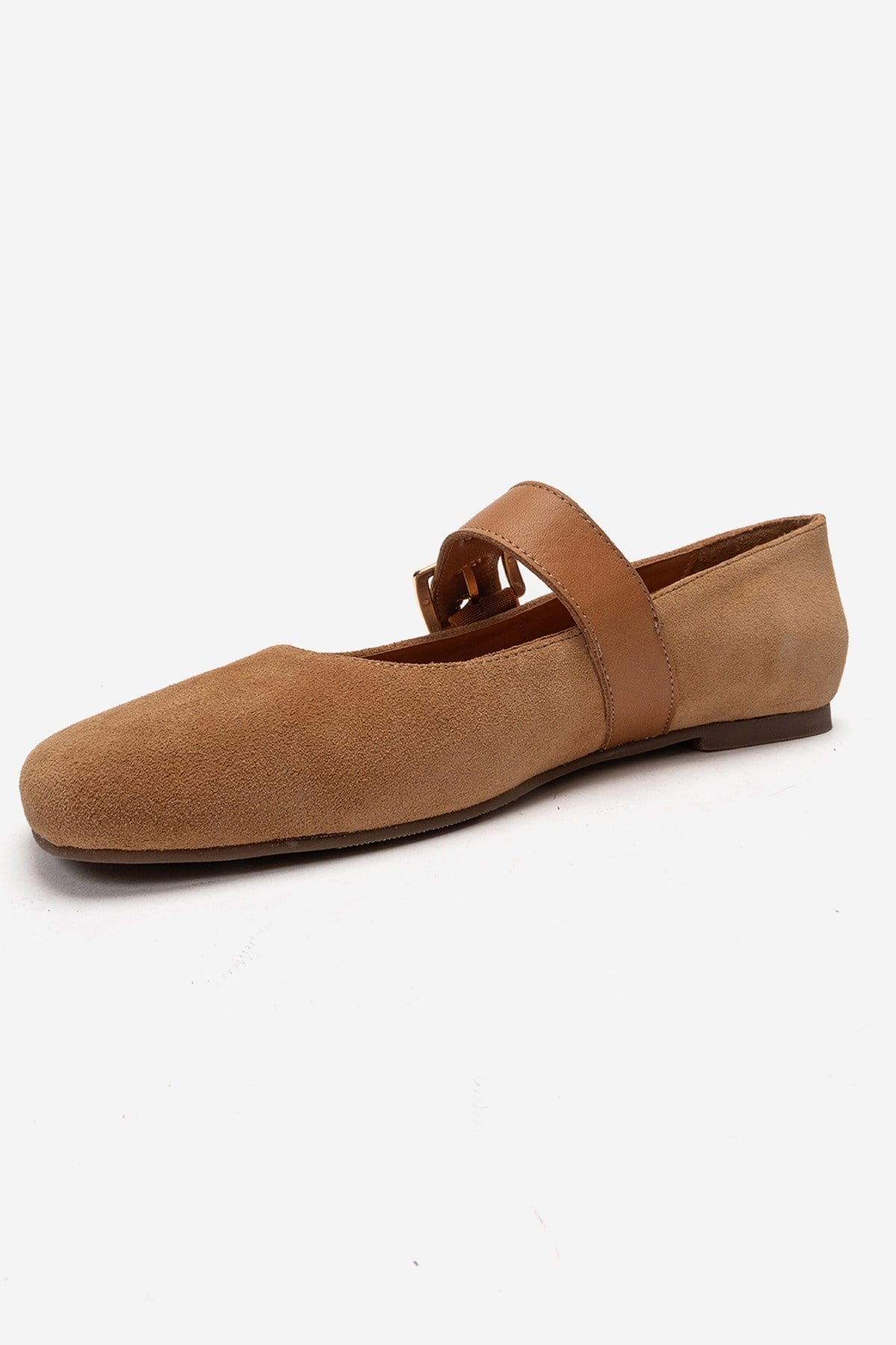 Jonas - Tan Suede Genuine Leather Ballet Flat – top view showing leather, suede, Vowalisse