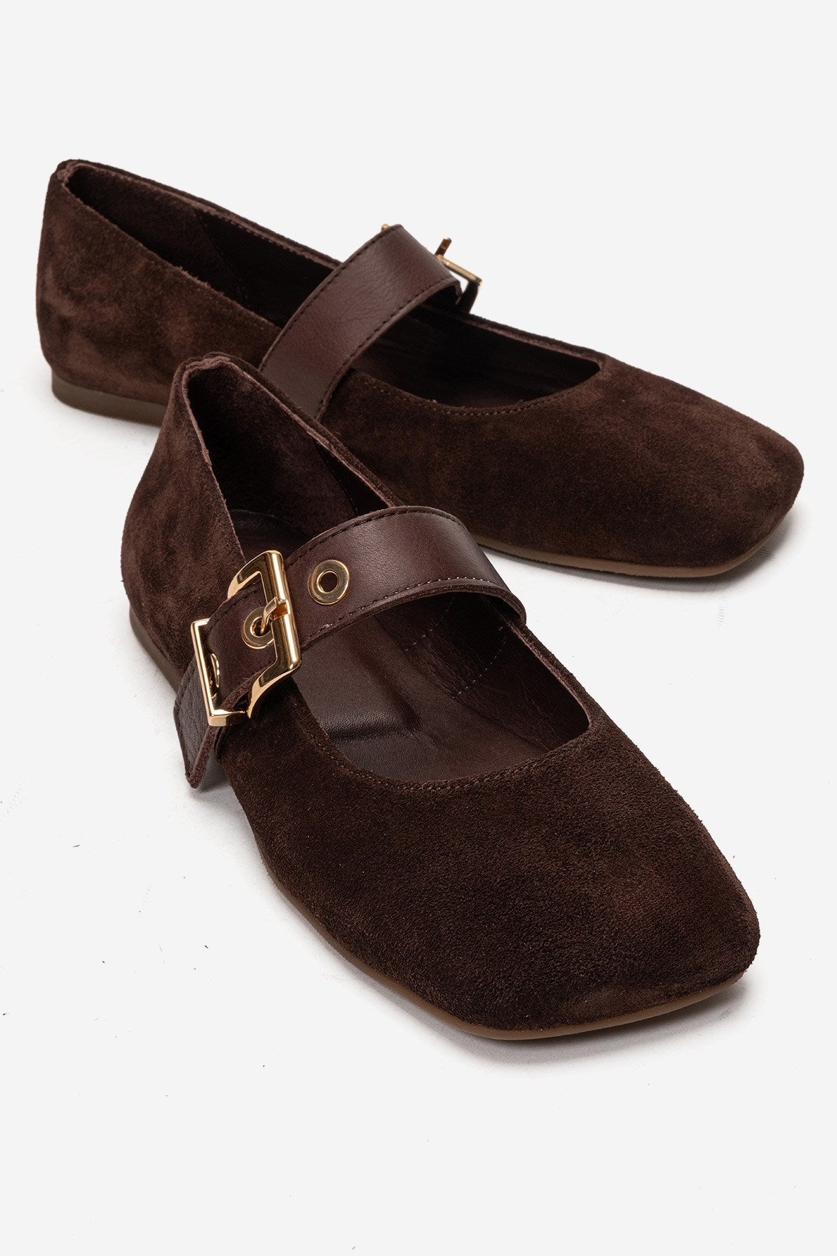 Jonas - Brown Suede Genuine Leather Ballet Flat – front three-quarter view showing leather, suede, gold, Vowalisse