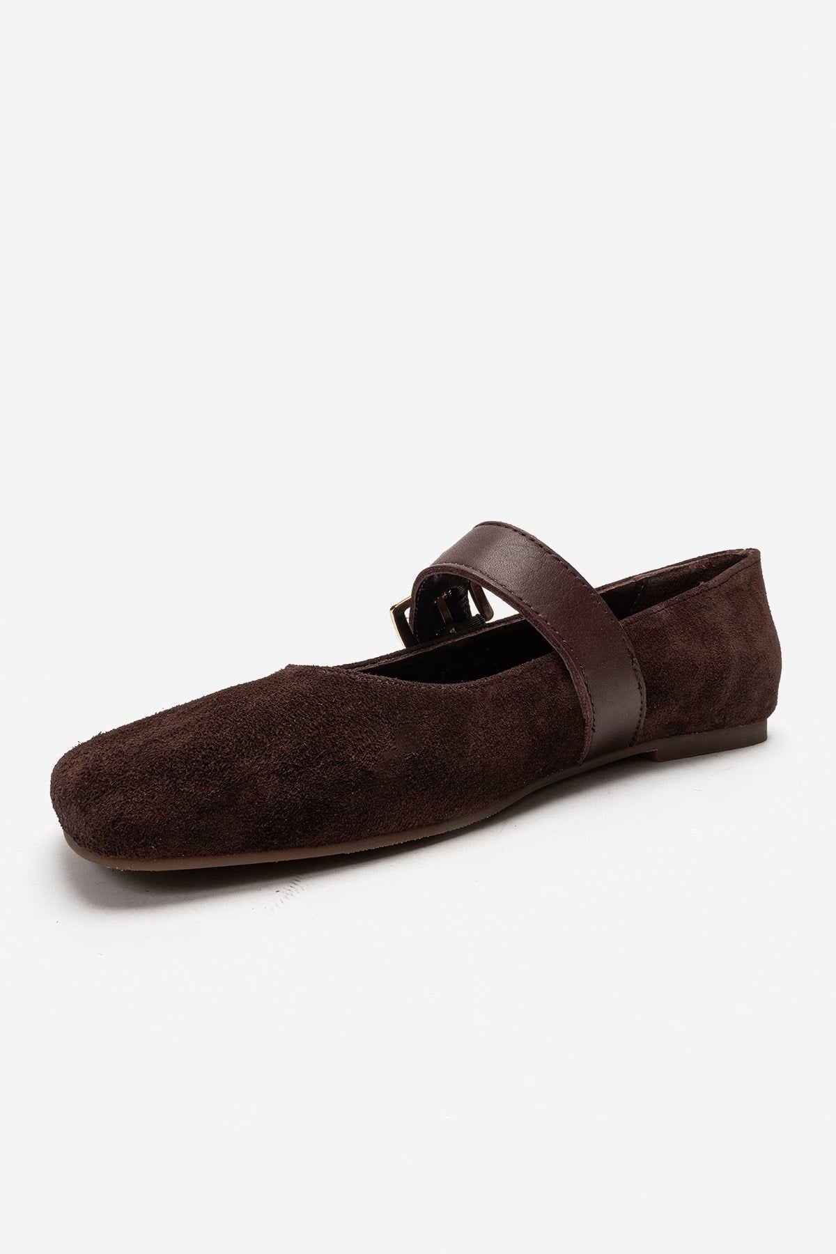 Jonas - Brown Suede Genuine Leather Ballet Flat – top view showing leather, suede, gold, Vowalisse