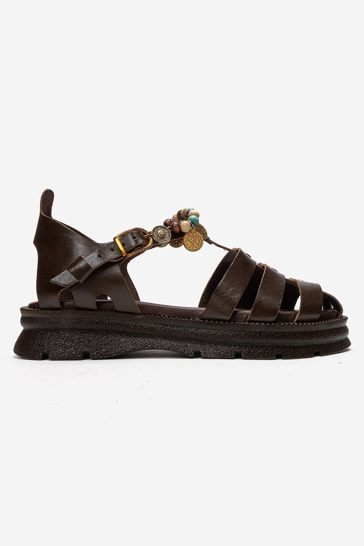 Solis - Brown Genuine Leather Sandal – heel view showing leather, Vowalisse