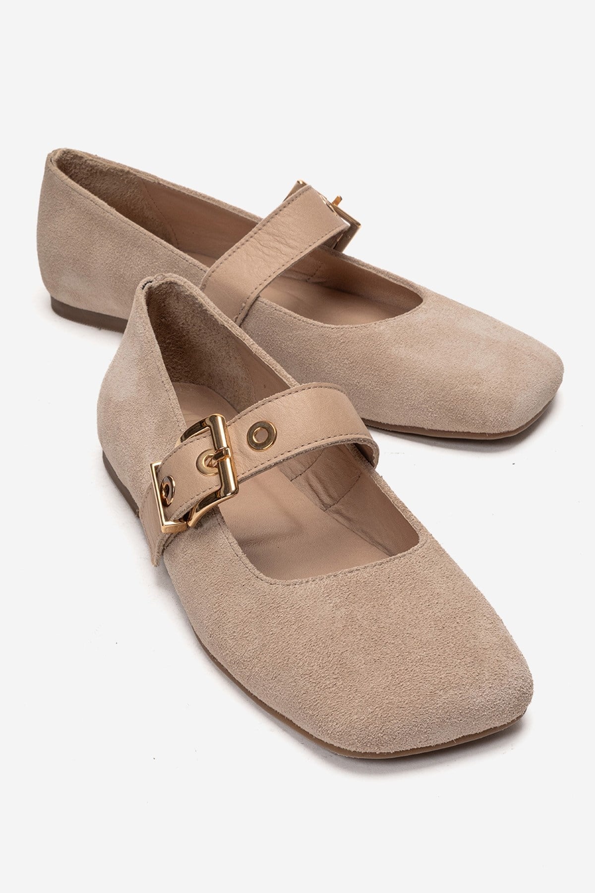 Jonas - Beige Suede Genuine Leather Ballet Flat – front three-quarter view showing leather, suede, Vowalisse