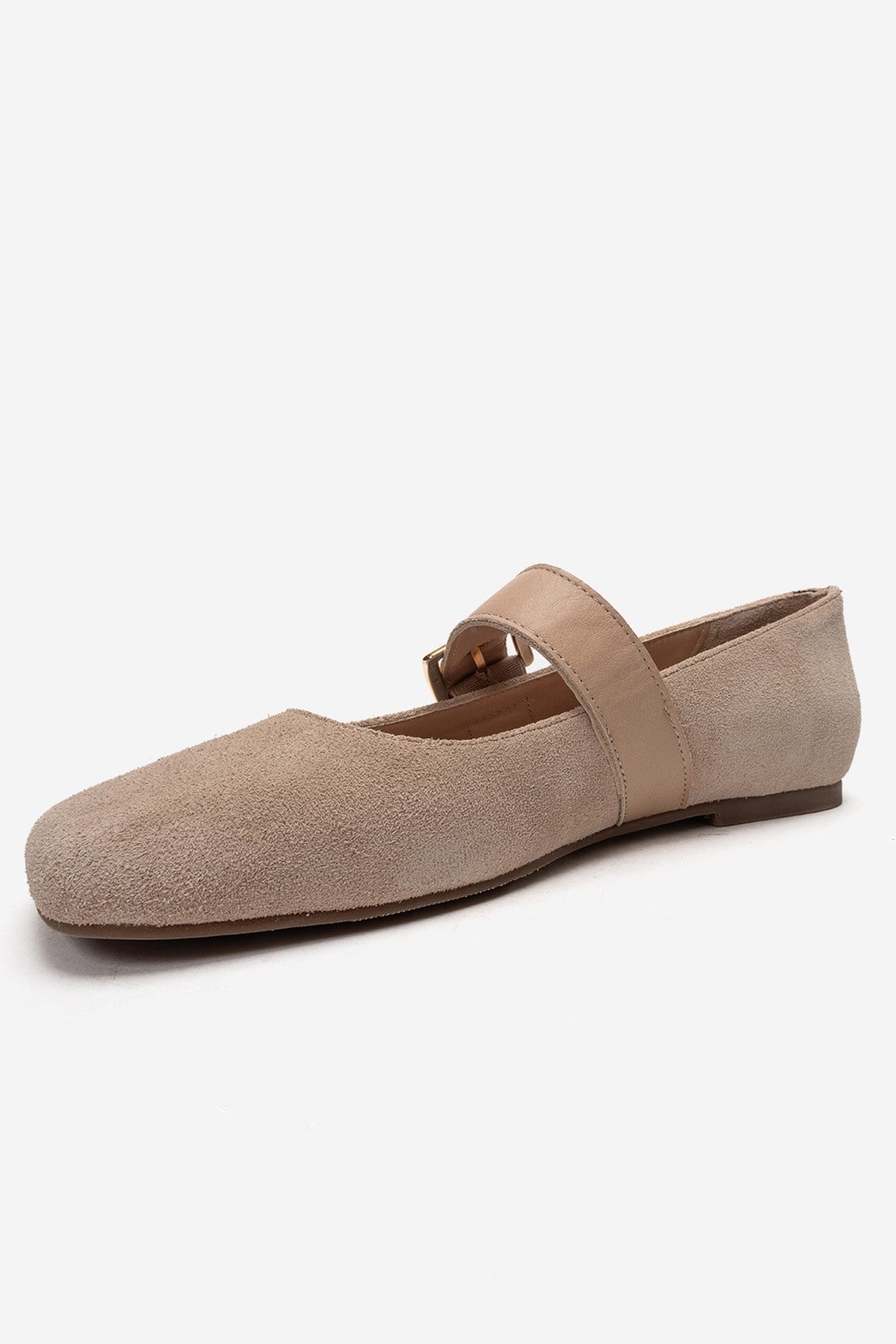 Jonas - Beige Suede Genuine Leather Ballet Flat – top view showing leather, suede, Vowalisse